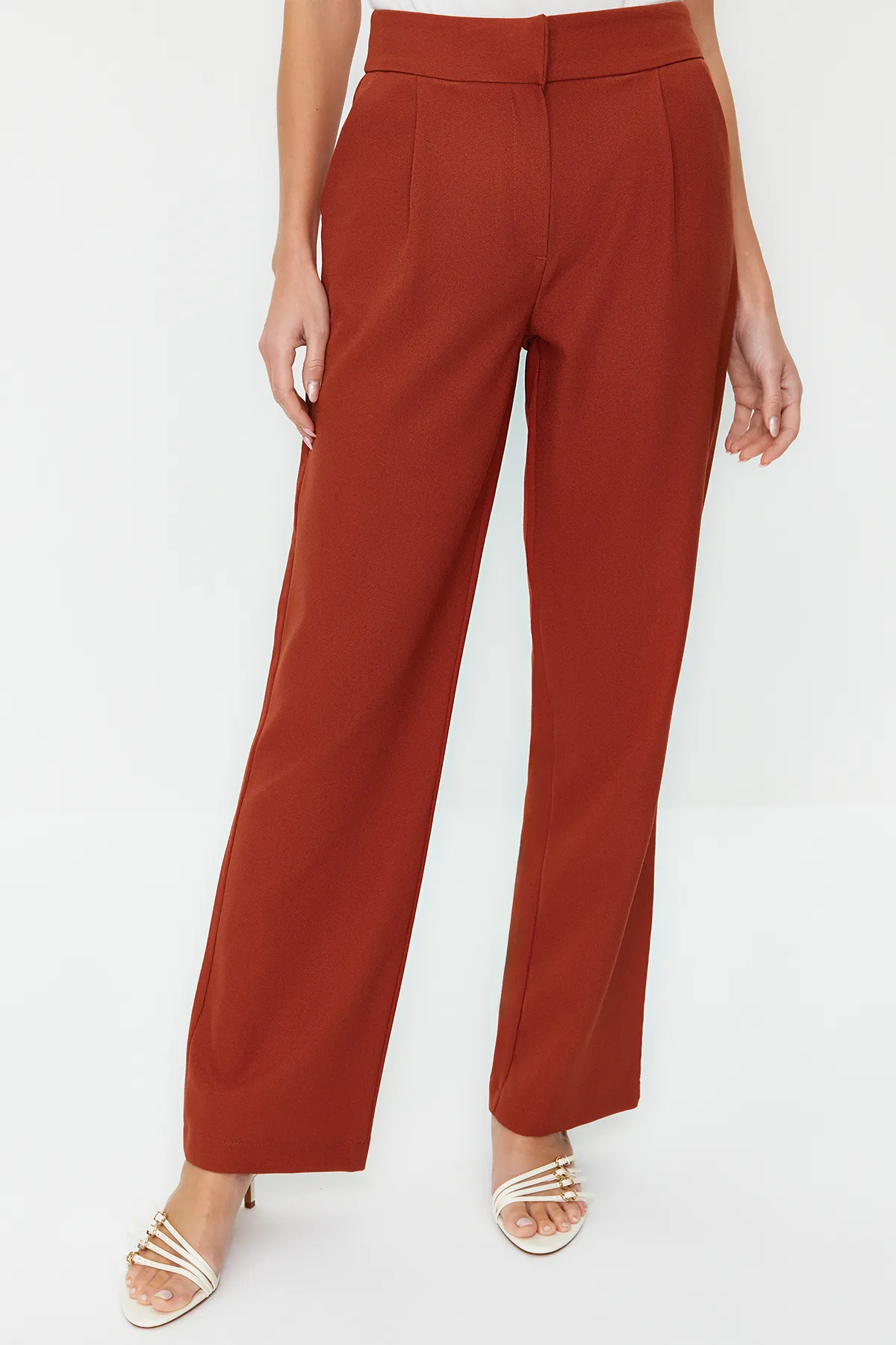 Trendyol Collection  Dunkelbraune gerade/gerade geschnittene plissierte Webhose TWOSS19WX0017