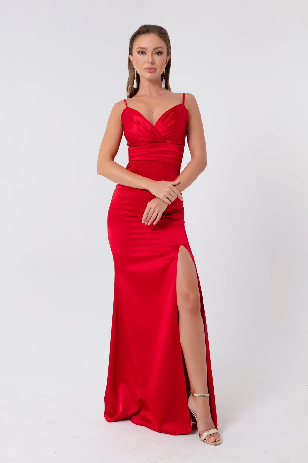 Lafaba  Rotes, langes Satin-Abendkleid und Abschlusskleid mit Schlitz für Damen