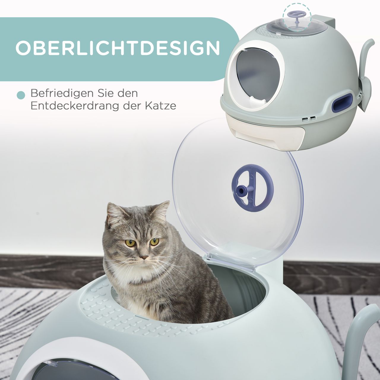 PawHut Katzentoilette mit Dachfenster, Katzenklo mit Bodenschale, mit Schaufel, Tragbar, PP ABS, See-Blau, 47 x 55 x 44 cm