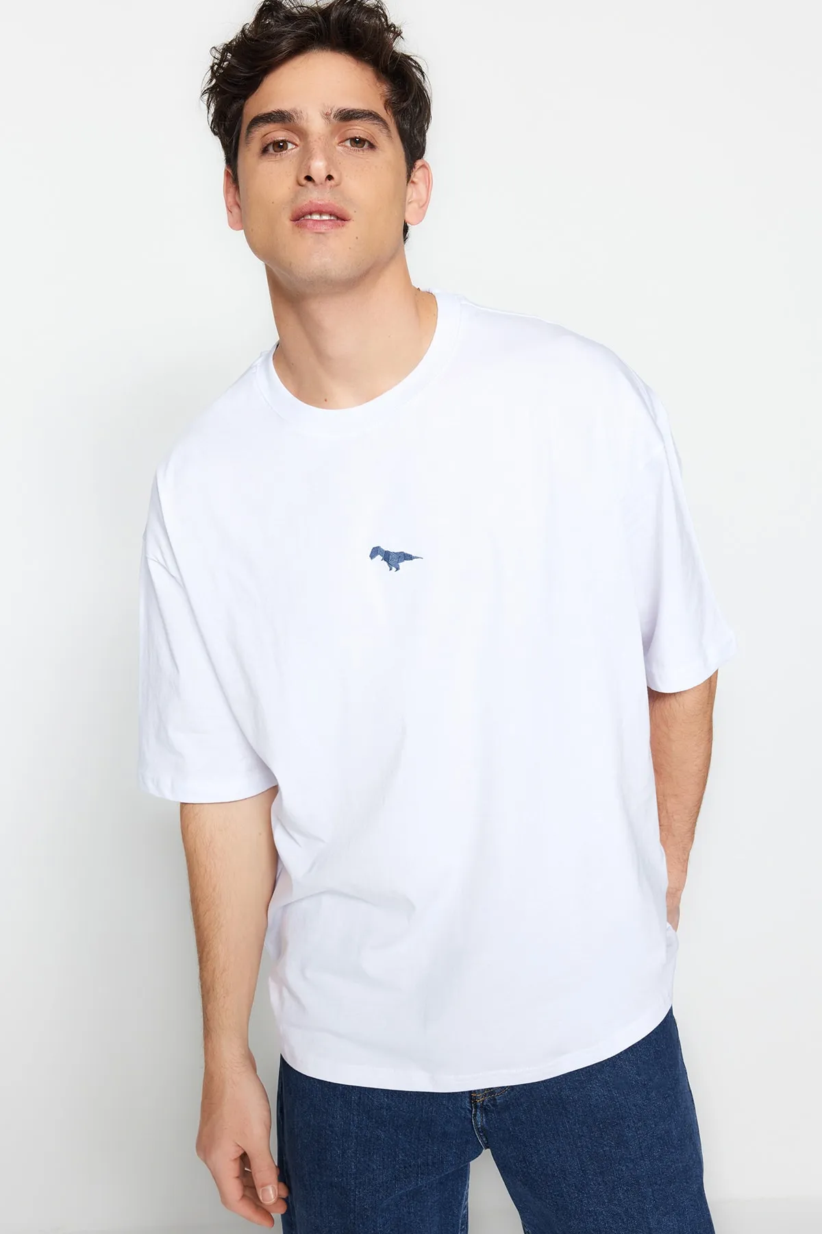 Trendyol Collection  Weißes, übergroßes/weit geschnittenes, kurzärmliges, mit Dinosauriern besticktes T-Shirt aus 100 % Baumwolle TMNSS23TS00243