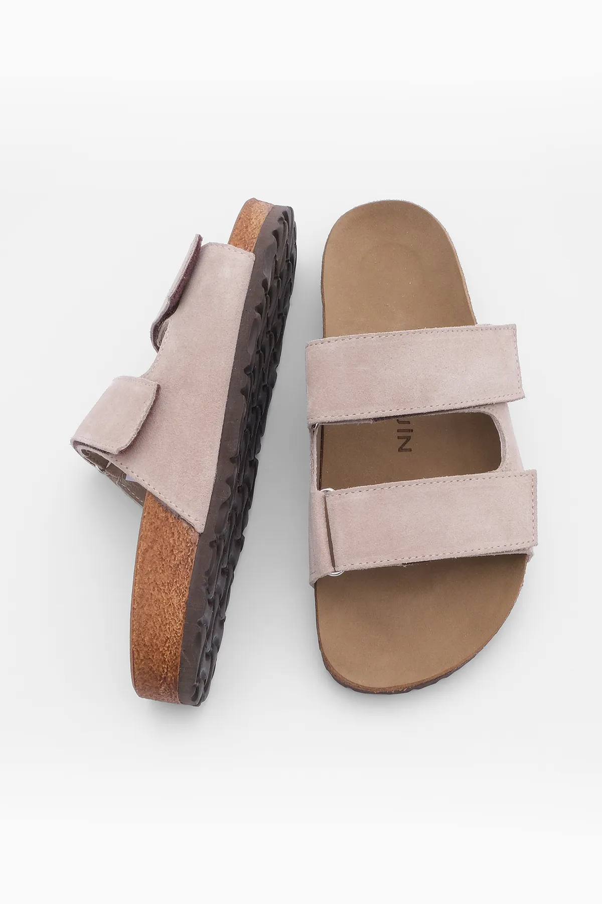 Marjin  Damen Hausschuhe mit doppeltem Riemen und Klettverschluss und Eva-Sohle Mester Beige Wildleder