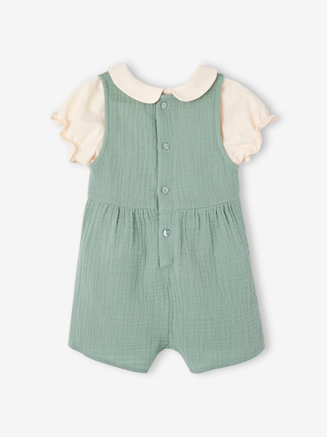 Vertbaudet Mädchen Baby-Set: T-Shirt, Kurzoverall & Haarband, personalisierbar - altrosa