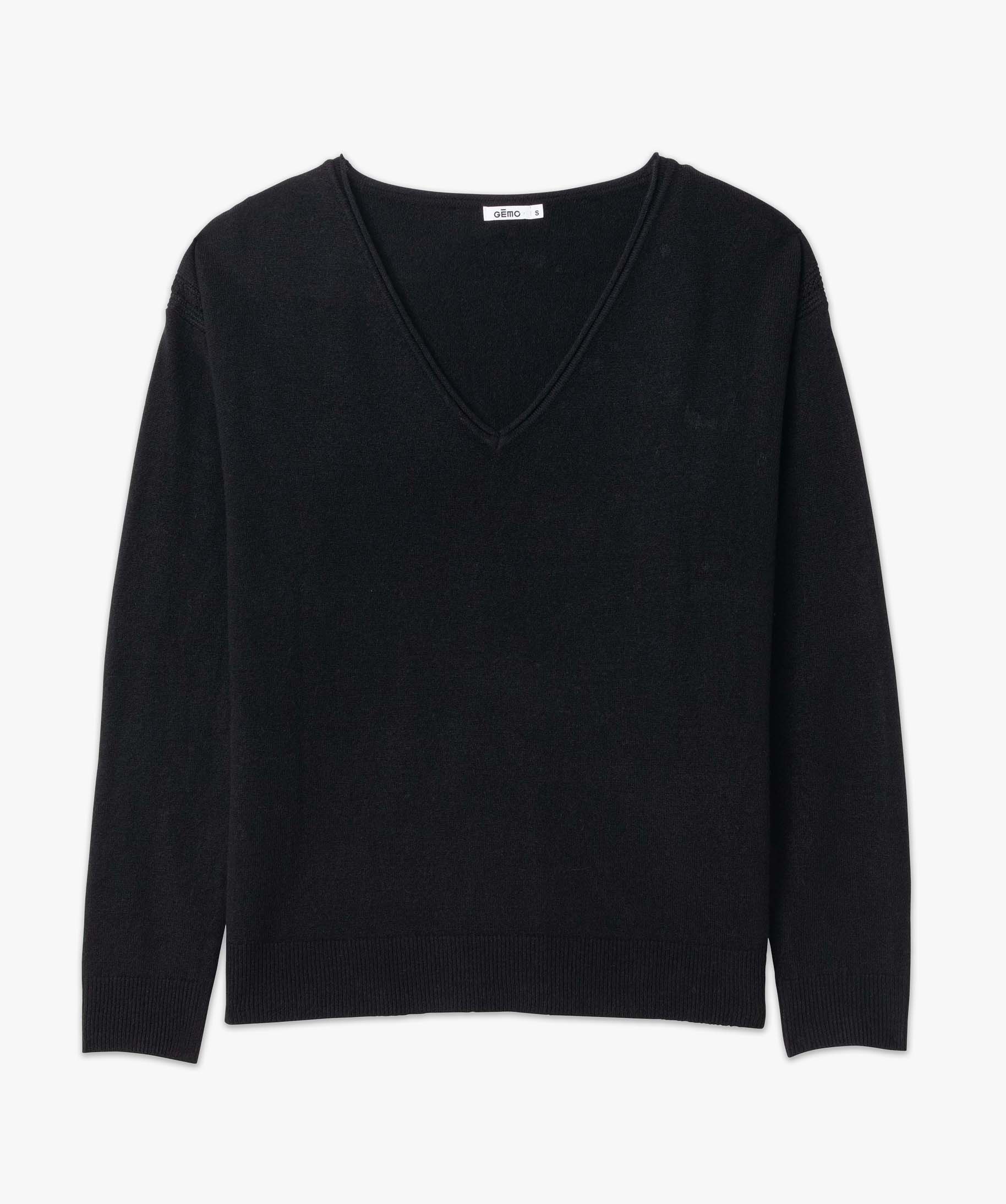 Pull femme en maille fine avec large col V noir | GEMO