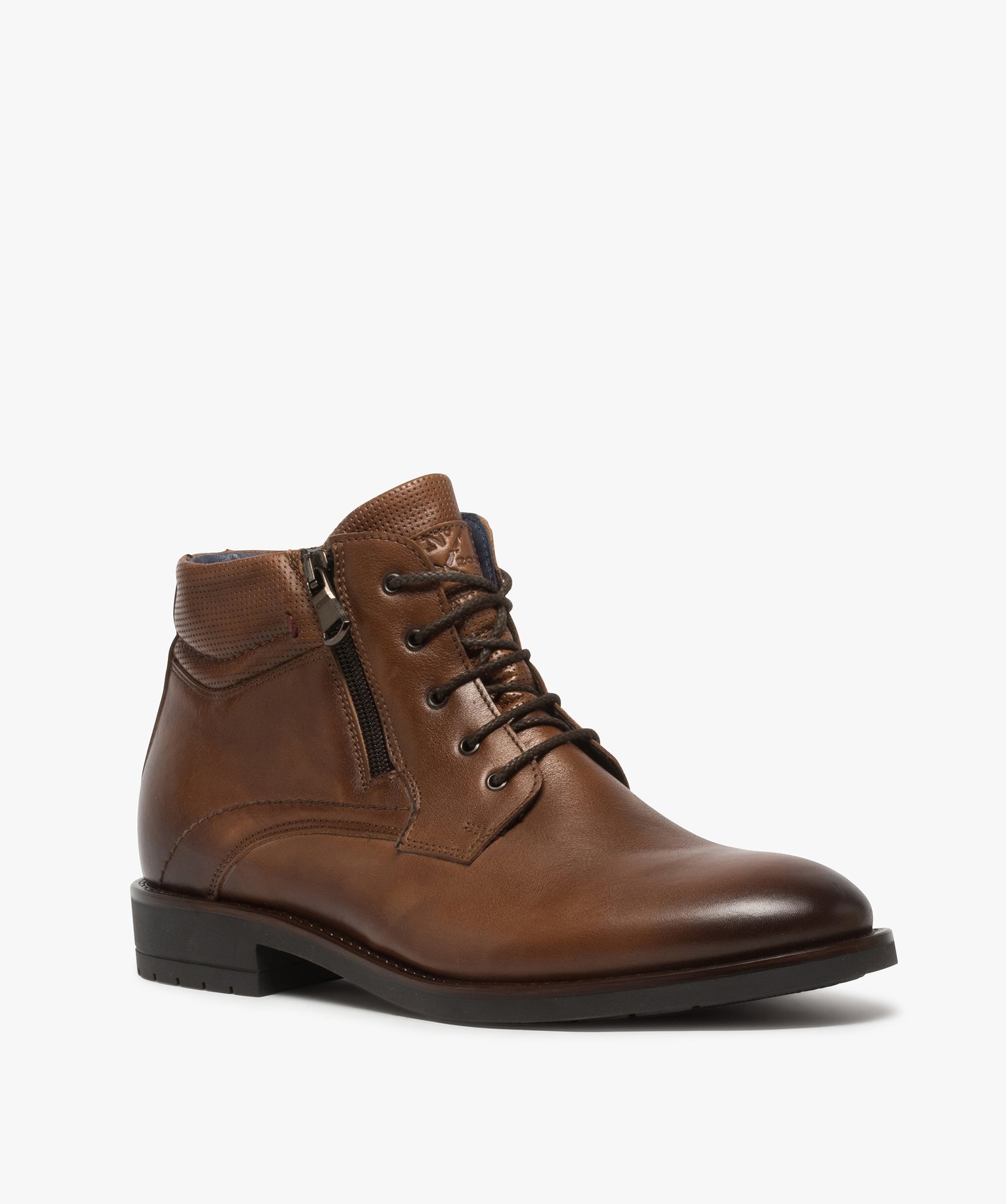 Boots homme en cuir uni fermeture lacets et zip - Tanéo camel | GEMO