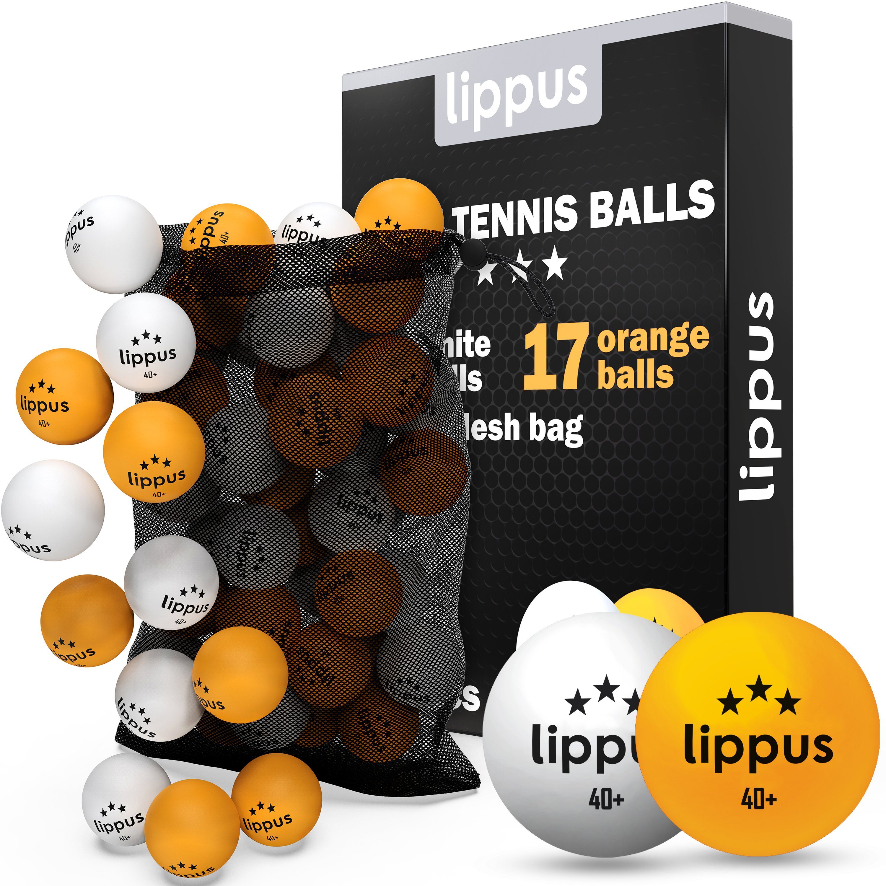 lippus Tischtennisball 3 Stern [35 Stück] SET – 18 Weiße & 17 Orange Tischtennis Bälle, Tischennisball 3 Sterne, Aufbewahrungsbeutel