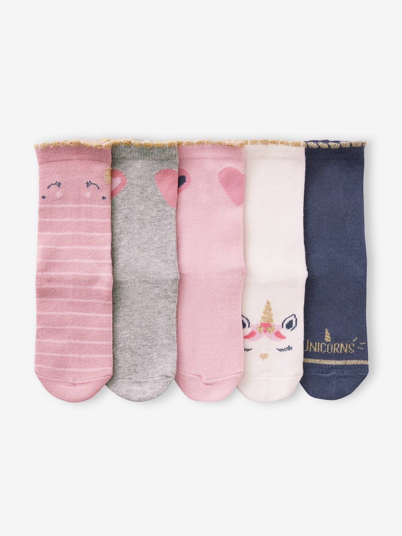 Lot de 5 paires de chaussettes licornes et coeurs fille rose