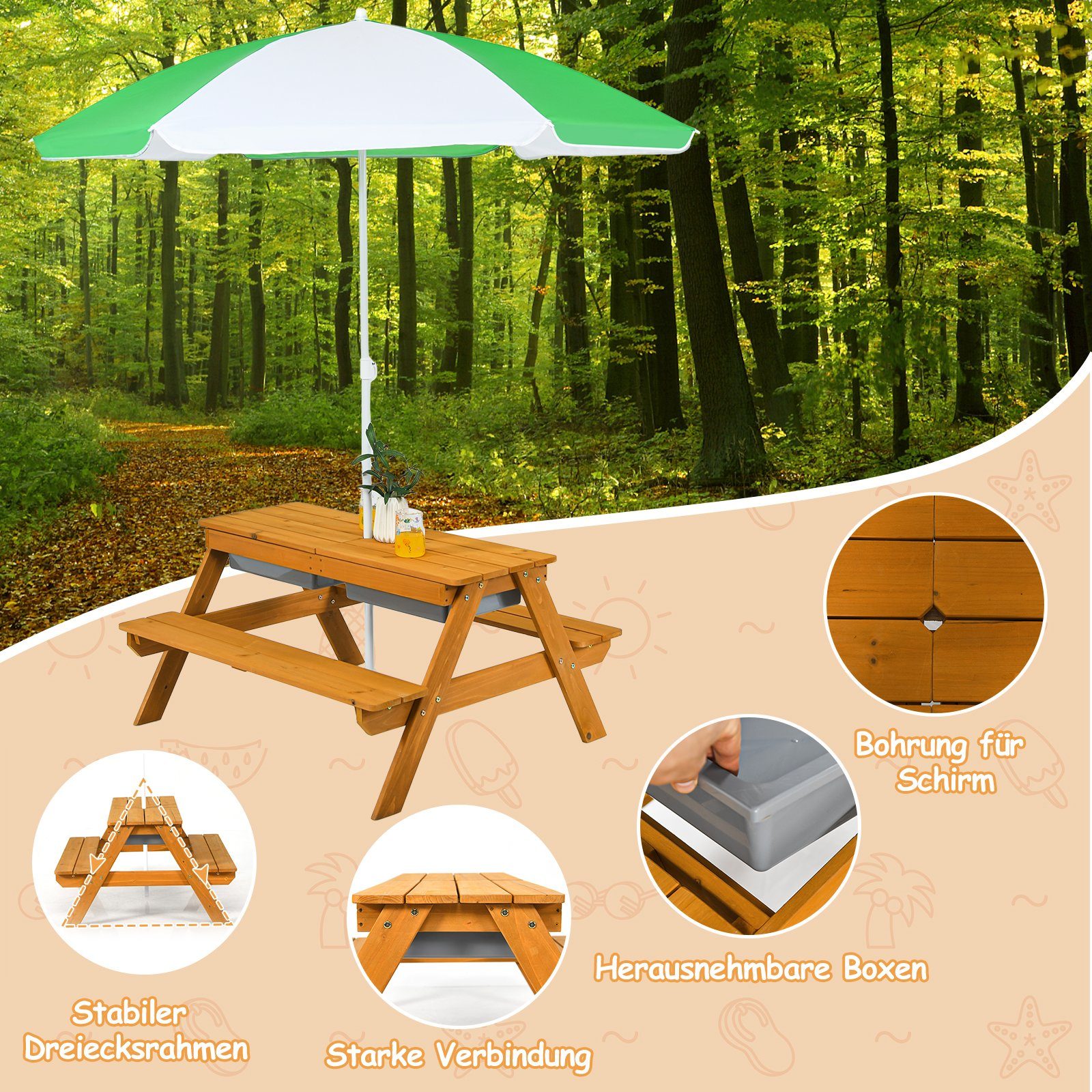 COSTWAY Garten-Kindersitzgruppe, aus Holz, mit Sonnenschirm & Bänke
