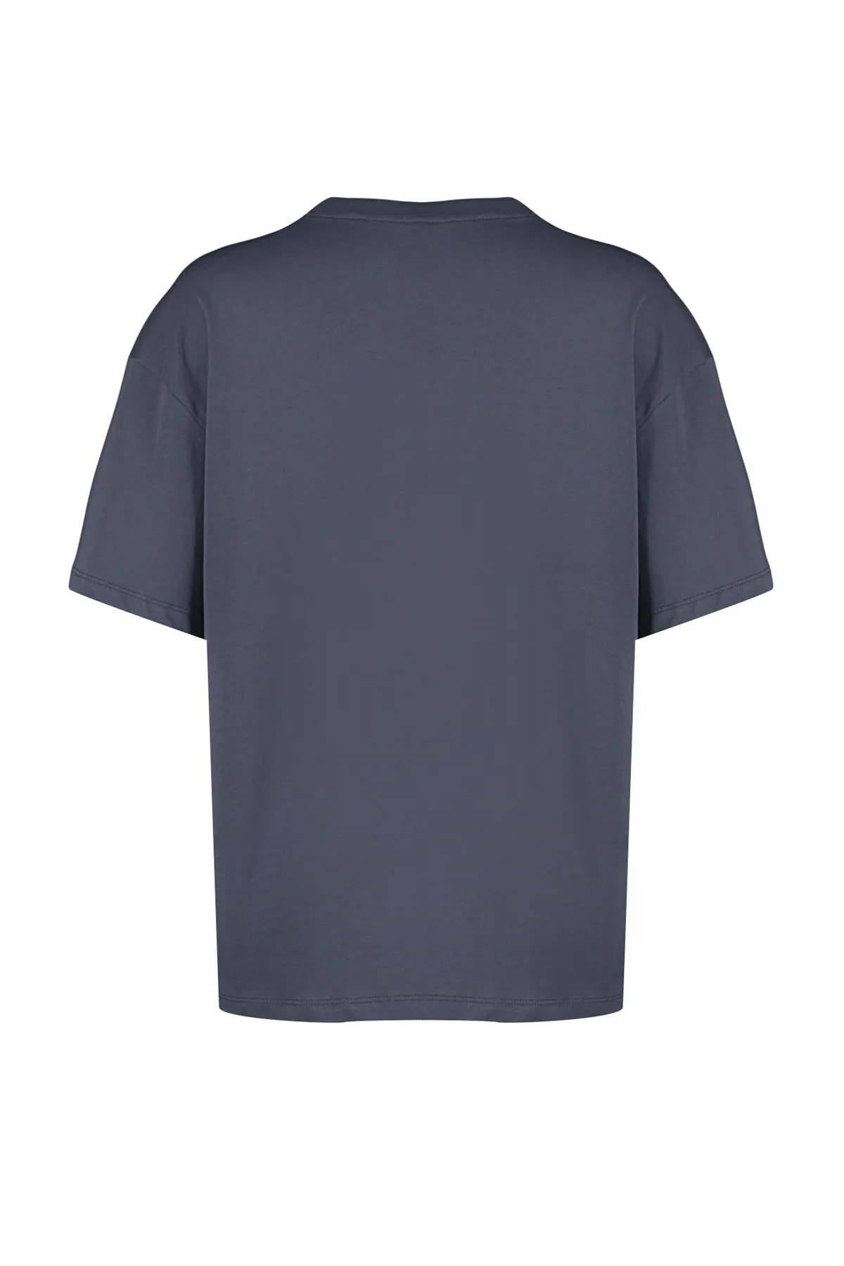 Trendyol Collection  Anthrazitfarbenes, bedrucktes Oversize/Wide Fit Rundhals-Strick-T-Shirt aus 100 % Baumwolle TWOSS24TS00135