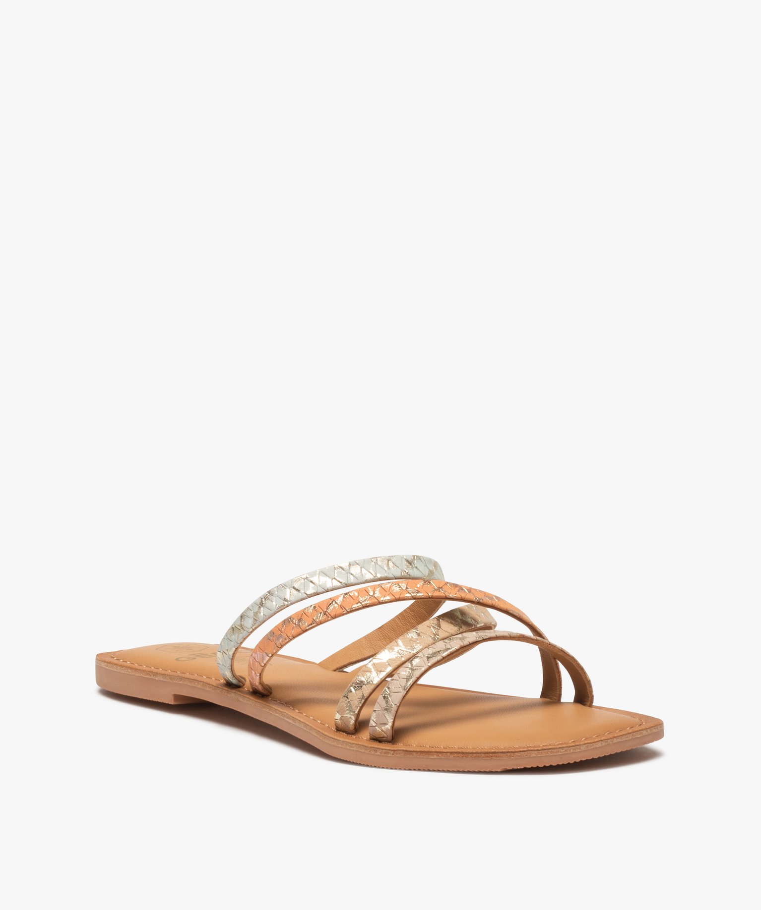 Mules femme à talon plat et fines brides en cuir multicolore | GEMO
