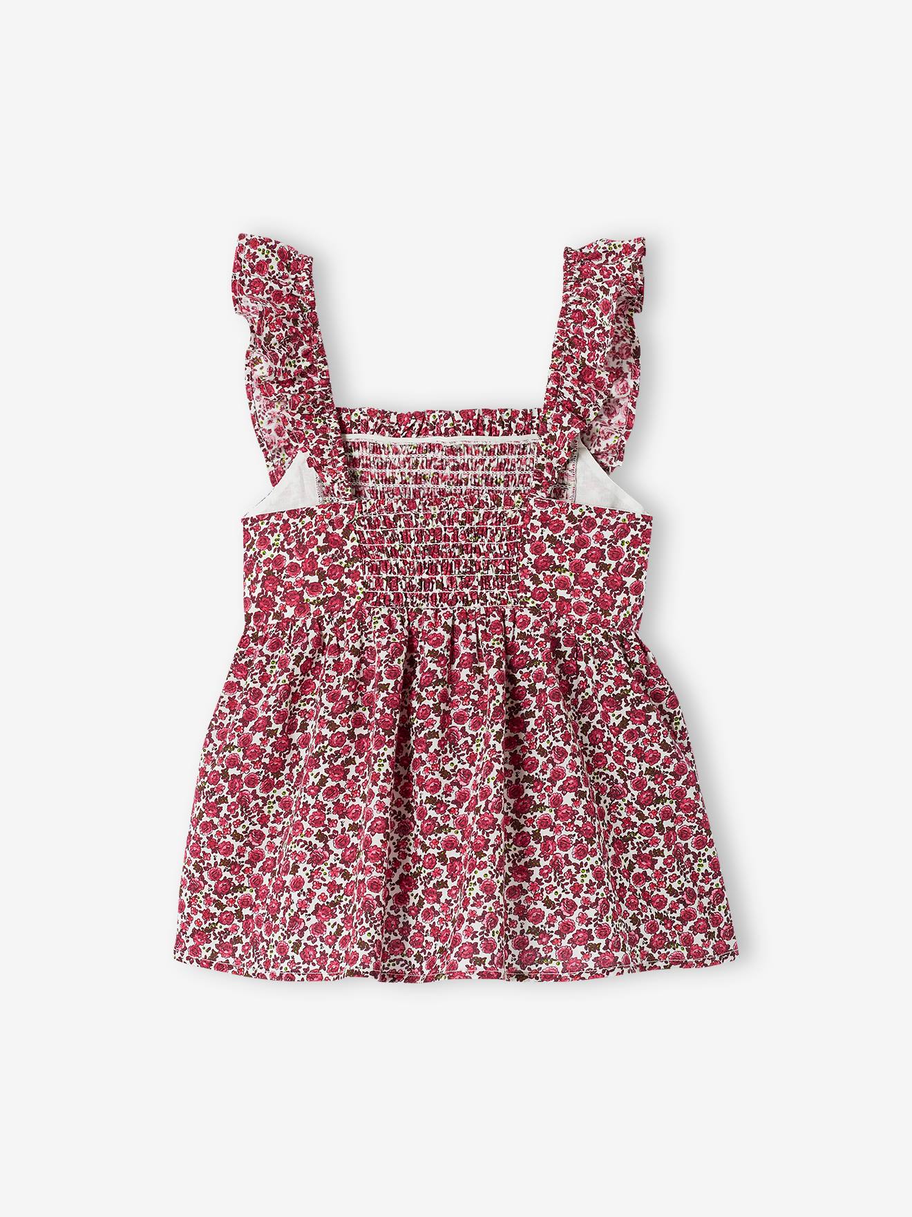 Blouse smockée à bretelles volantées fille corail
