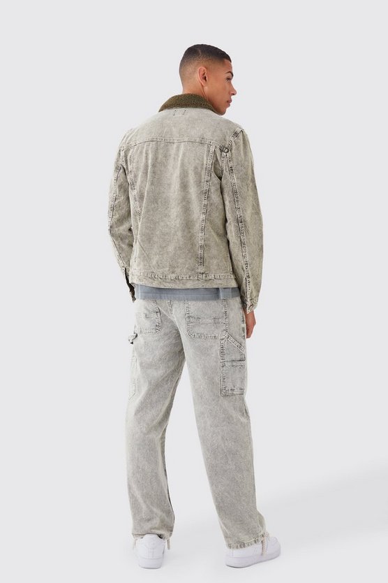Dunkelgrüne Cord-Jacke mit Acid-Waschung und Borg-Kragen