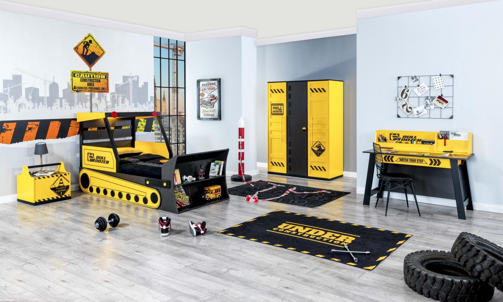 Möbel-Lux Jugendzimmer-Set Bulldozer, (Set, 4-St., Bett, Nachttisch, Kleiderschrank, Schreibtisch), mit Baggerbett