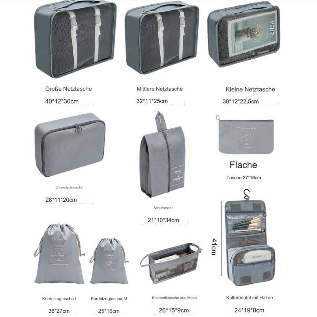 YANN Aufbewahrungstasche Tragbares Reise-Aufbewahrungstaschen-Set mit 10 Stück, (Kleidung, Schuhe, Gepäck und Reisetasche, 10-tlg), Aufbewahrungstasche für Toilettenartikel und Kosmetika