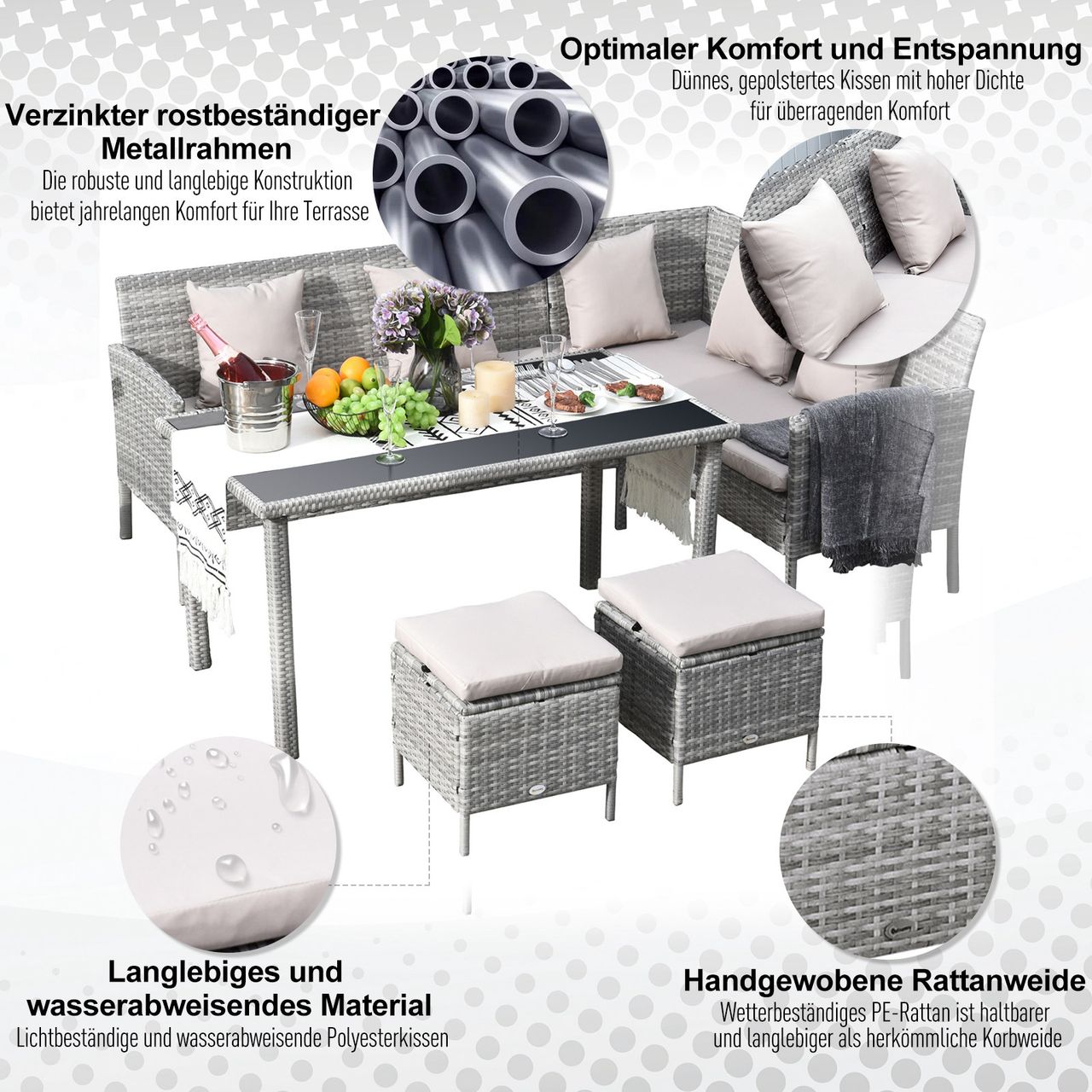 Outsunny 5-tlg. Gartenmöbel Set Rattan Sitzgruppe mit Fußhocker Metall Grau 134 x 60 x 75 cm