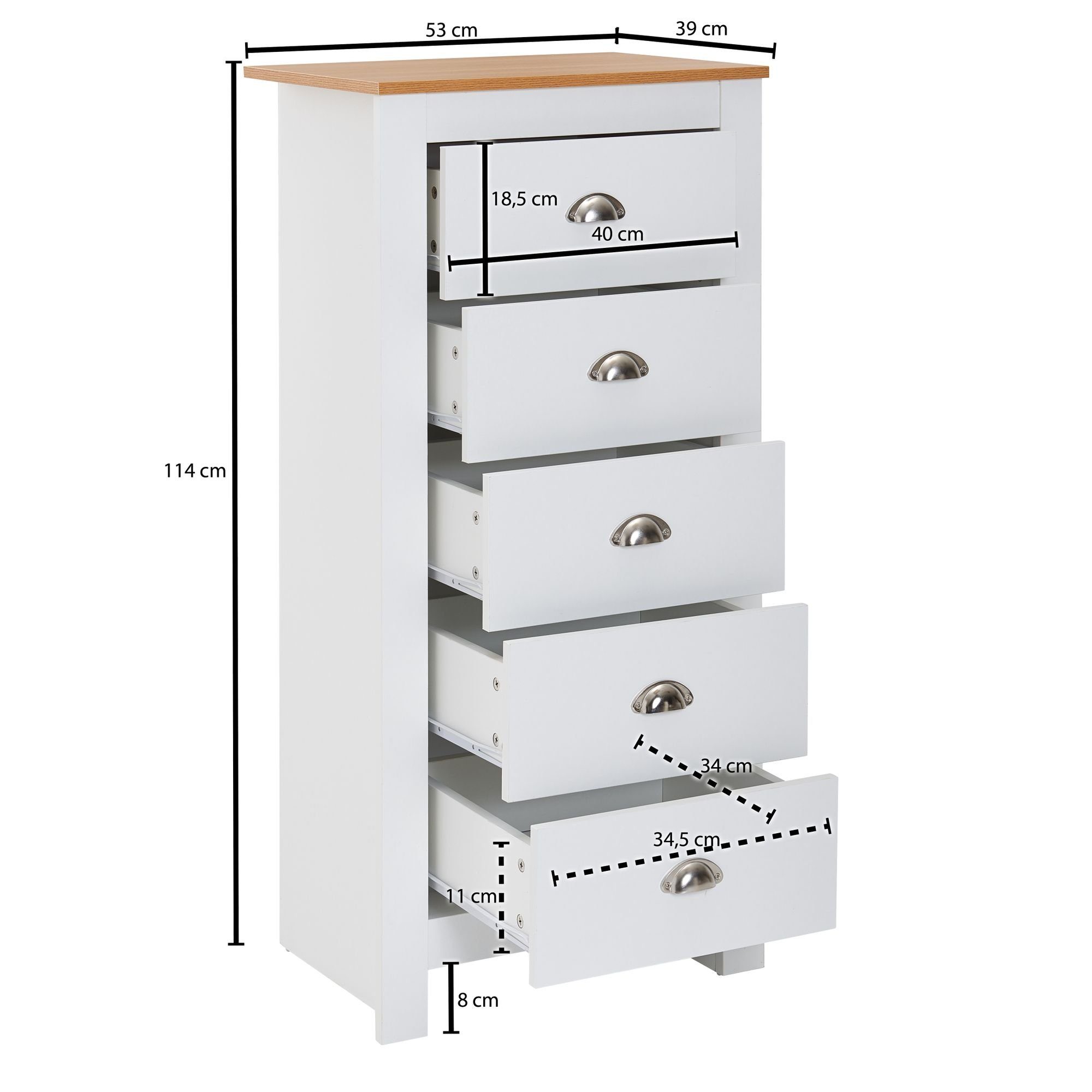 FINEBUY Kommode FB71920 (5 Schubladen 53x114x39 cm Sideboard Weiß / Eiche), Design Anrichte Modern, Schubladenkommode Hoch