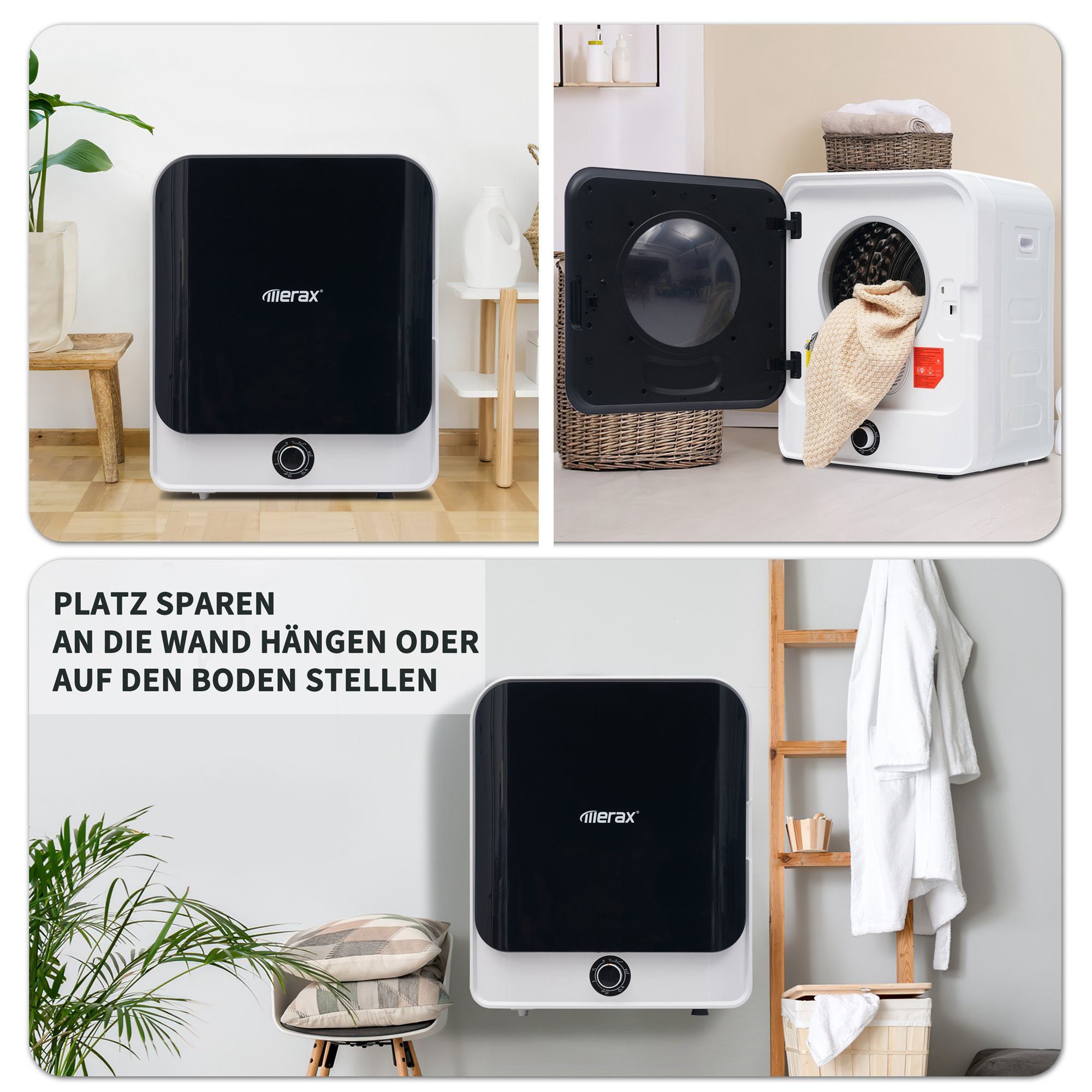 Merax Ablufttrockner mit PTC-Heizelement, Doppelte Filterung, Frontlader, 3 kg, mini-Wäschetrockner freistehend/hängend, Timer