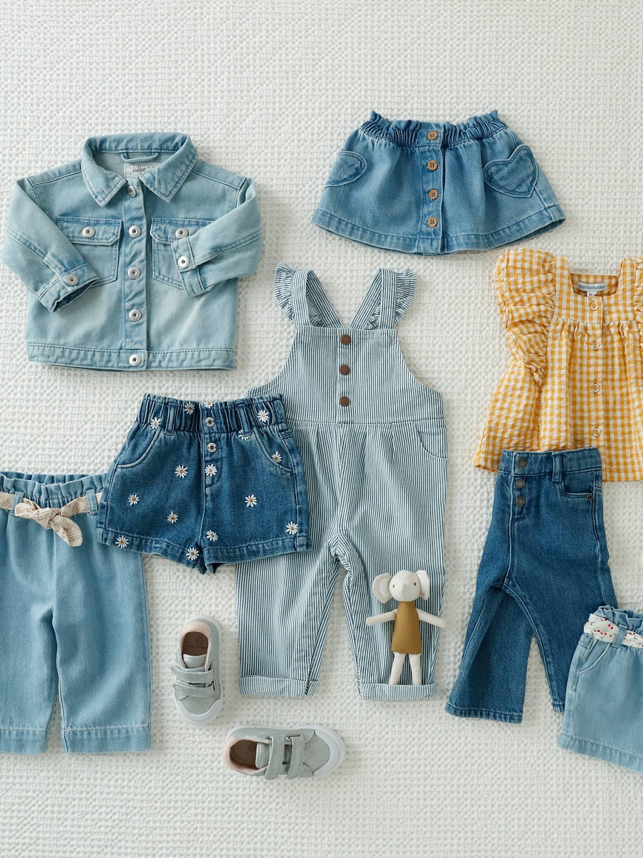 Short en denim bébé fleurs brodées stone