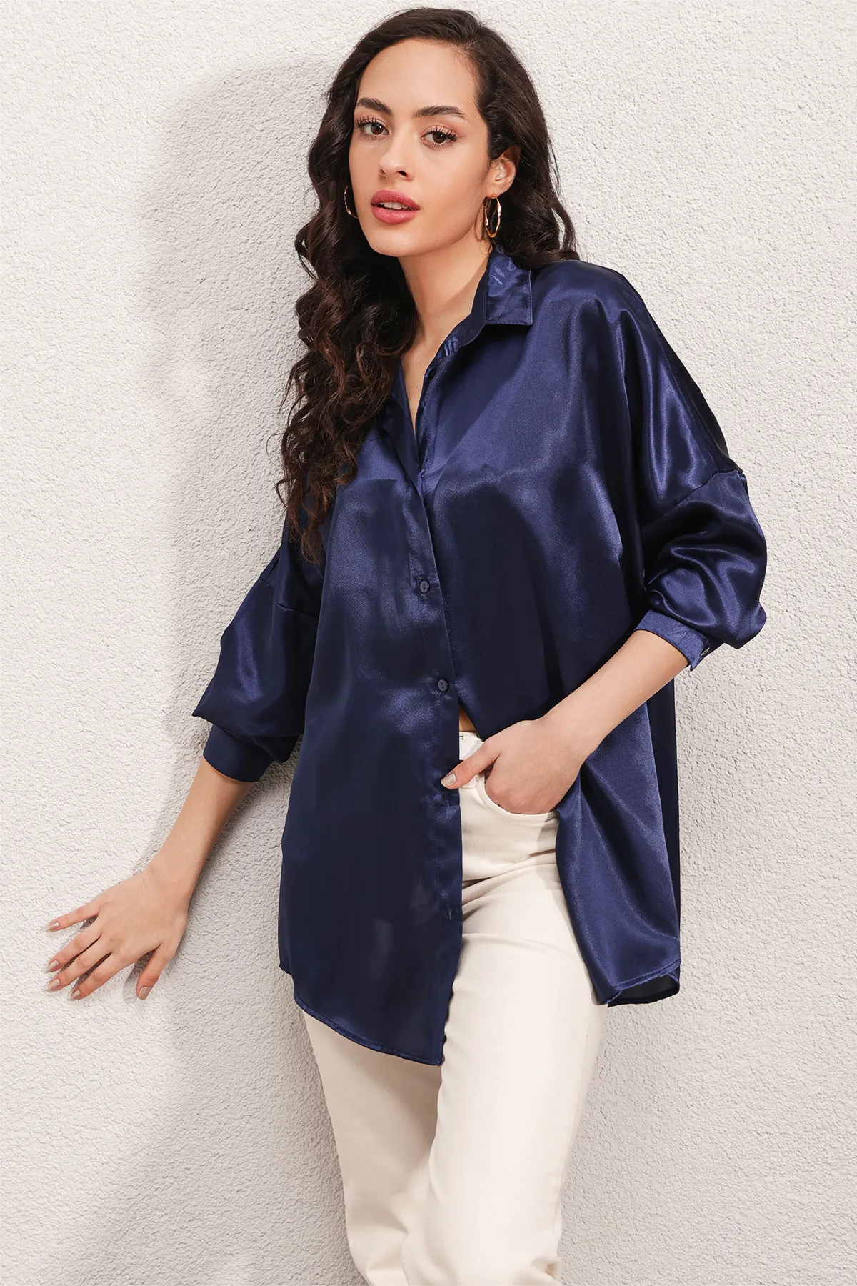 Bigdart  3985 Oversize-Satinhemd – Marineblau
