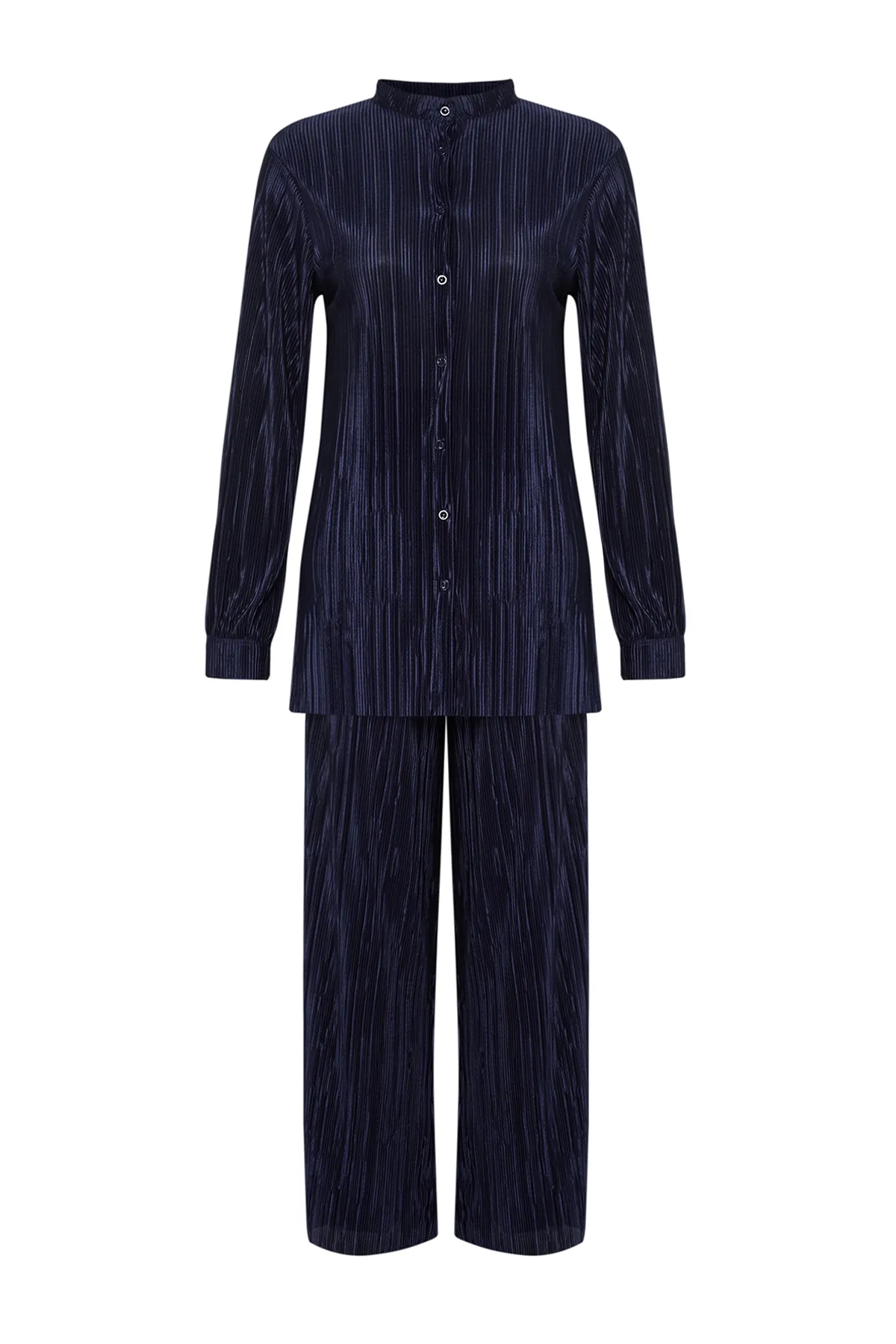 Trendyol Modest  Marineblaues, plissiertes Strick-Ober- und Unterteil-Set TCTSS24US00040