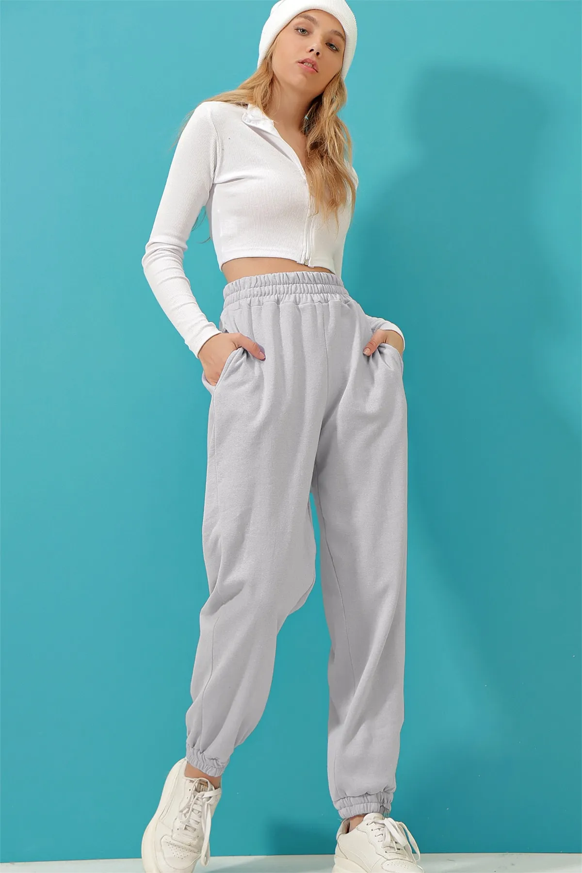 Trend Alaçatı Stili  Damen Grimelange Jogginghose mit hoher Taille, zwei Taschen, gerippter Innenseite, ALC-X9365