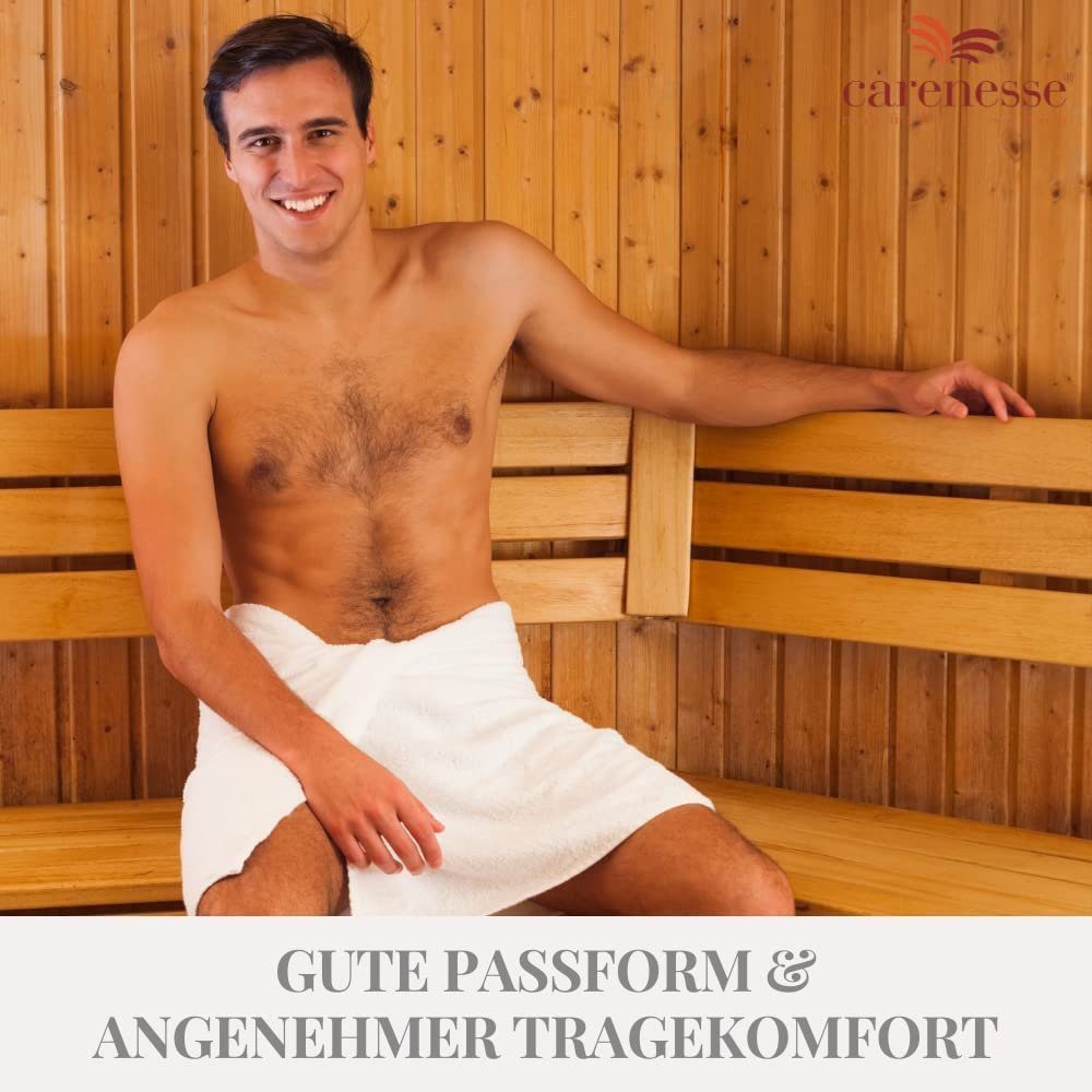 Carenesse Saunatuch Saunakilt Herren 50 x 140 cm grau, weicher OneSize Sauna-Sarong, Baumwolle, mit flexiblem Gummibund & 5-fach Knopfleiste + Tasche aus Baumwolle