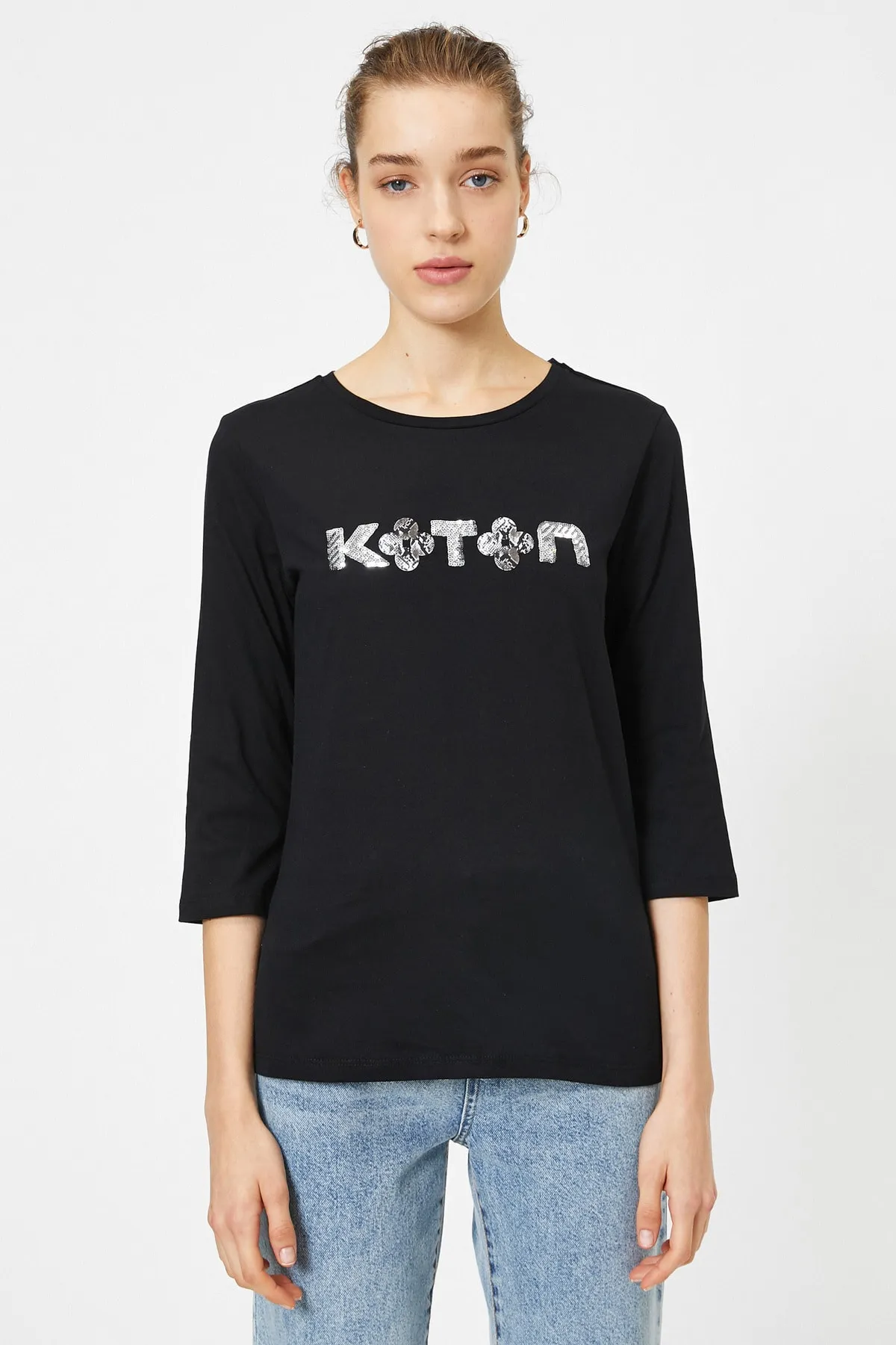 Koton  Schwarzes Damen-T-Shirt 9YAP13395EK