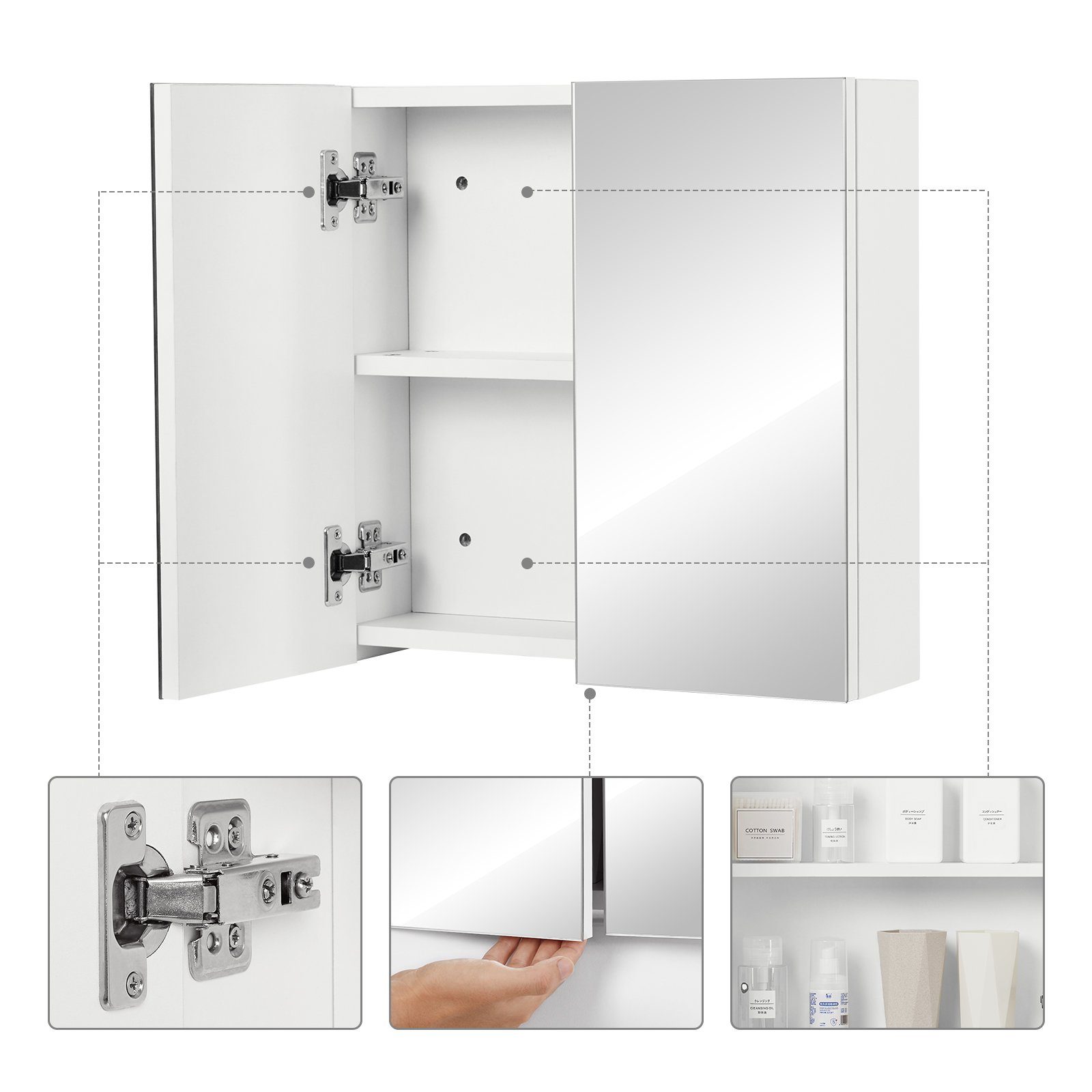 Mondeer Badezimmerspiegelschrank Badezimmerspiegel Hängeschrank, Wandschrank, mit 2 Türen 45 x 12.9 x 45 cm, Weiß