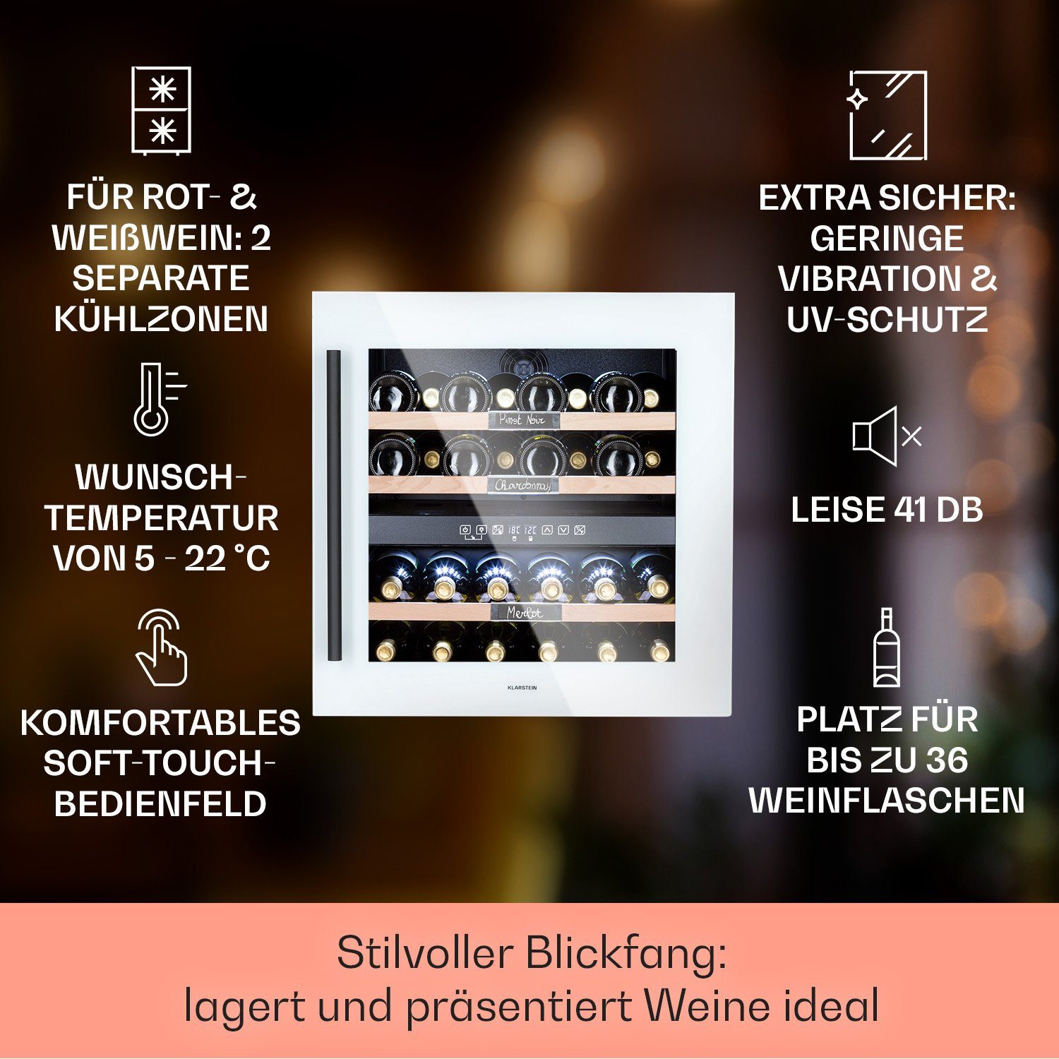 Klarstein Weinkühlschrank Vinsider 36 Quartz Edition, für 36 Standardflaschen á 0,75l,Wein Flaschenkühlschrank Weintemperierschrank Weinschrank Kühlschrank