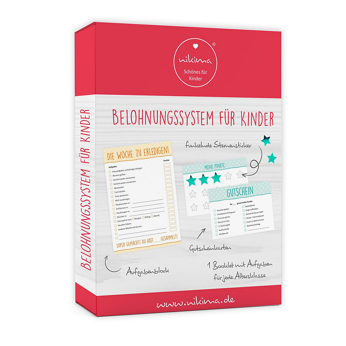 Papeterie Belohnungssystem für Kinder - 1 Block Aufgabenliste, 25 Gutscheine, 100 Belohnungssticker, 1 Booklet Geschenkpapier