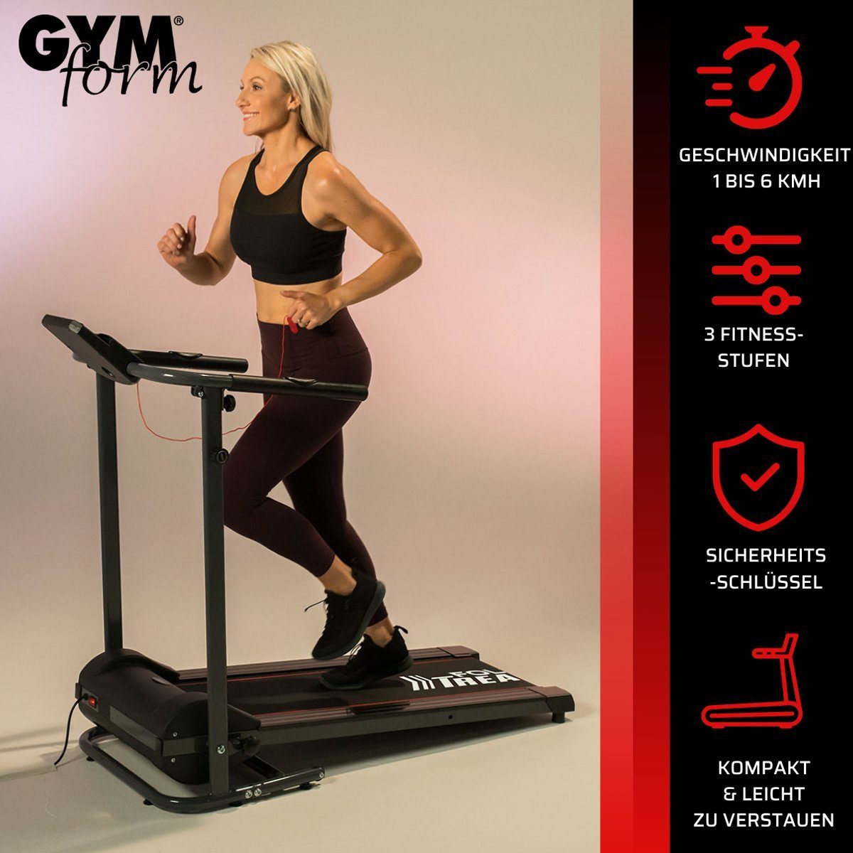 Gymform® Laufband Slim Fold Treadmill (2 Varianten 6km/h oder 12 km/h), für Zuhause, klappbar, leise, bis 120 kg, Tablethalterung, Rollen