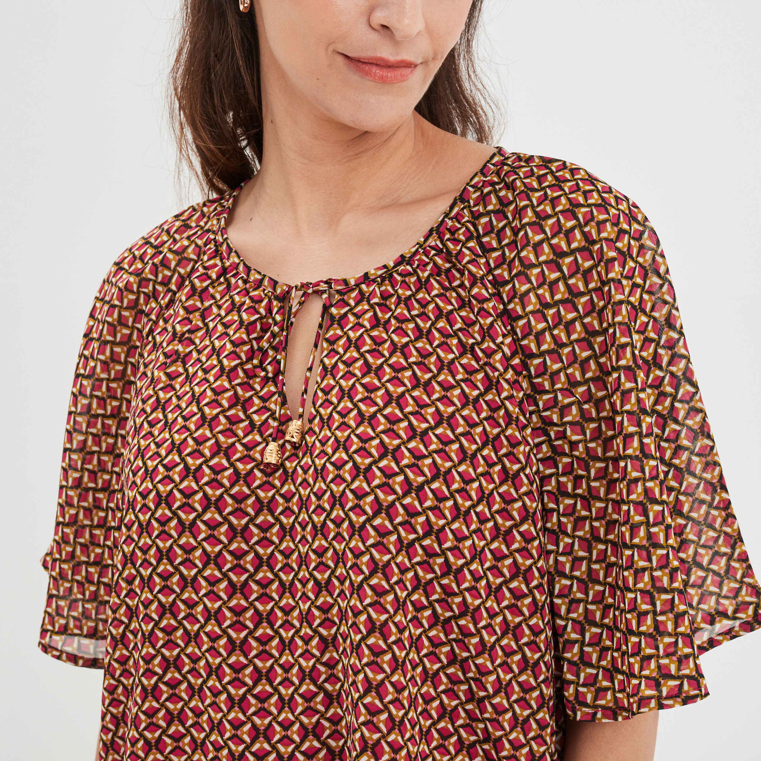 Blouse col tunisien avec cordons rose fushia femme | La Halle