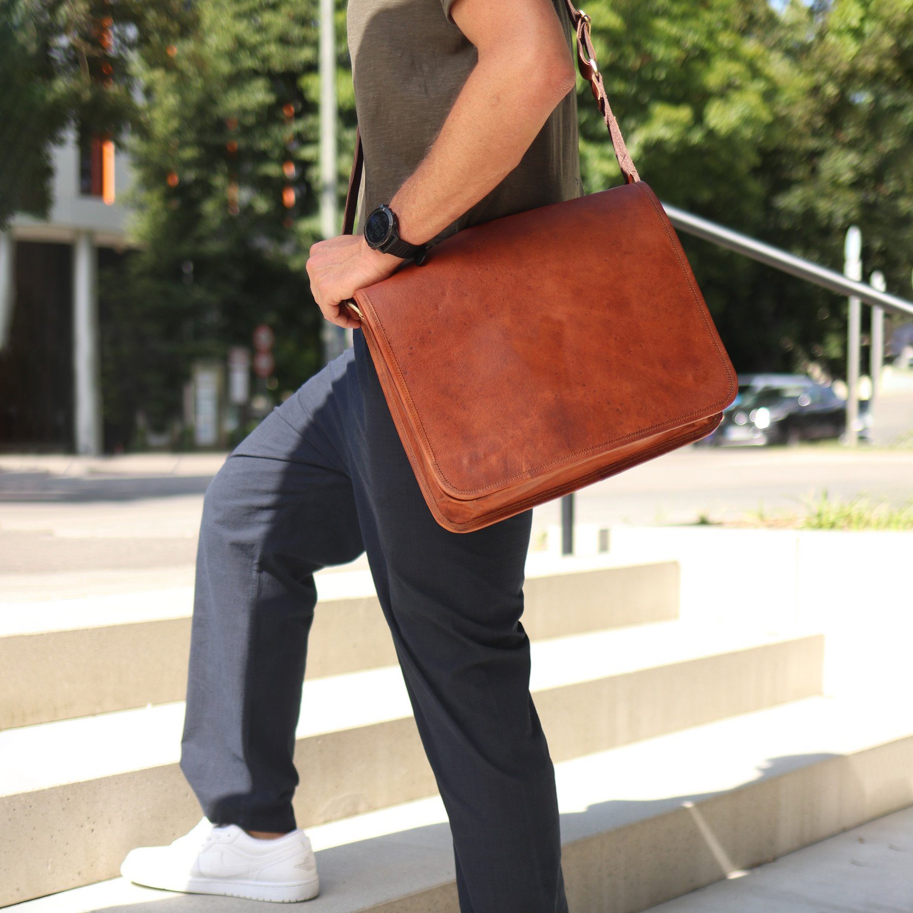 SID & VAIN Laptoptasche CAMDEN, Messenger Bag 15 Zoll echt Leder Unisex, Aktentasche, hellbraun