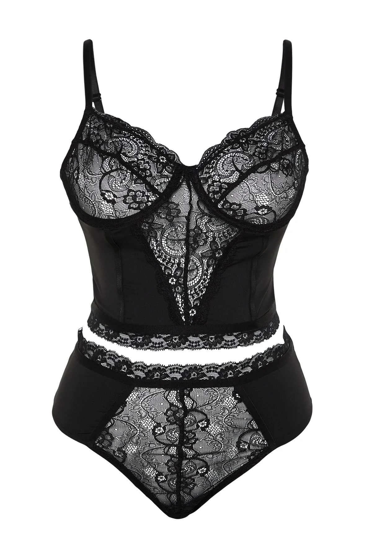 Trendyol Curve  Detaillierte Bustier-Höschen-Unterwäsche-Sets mit schwarzer Spitze TBBSS23DG00000