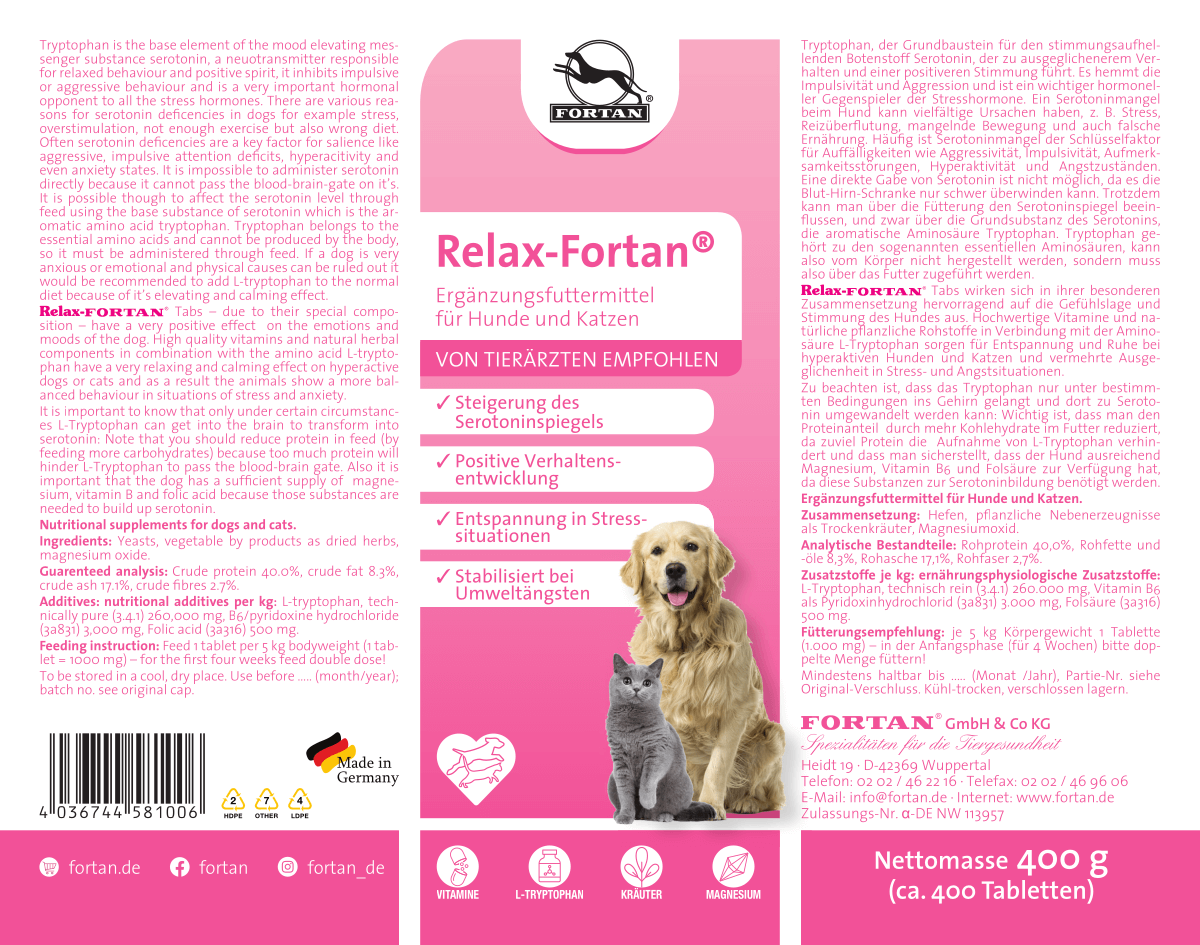 Fortan Ergänzungsfutter & Aufzucht Fortan Relax-Fortan Tabletten mit L-Tryptophan 400 g