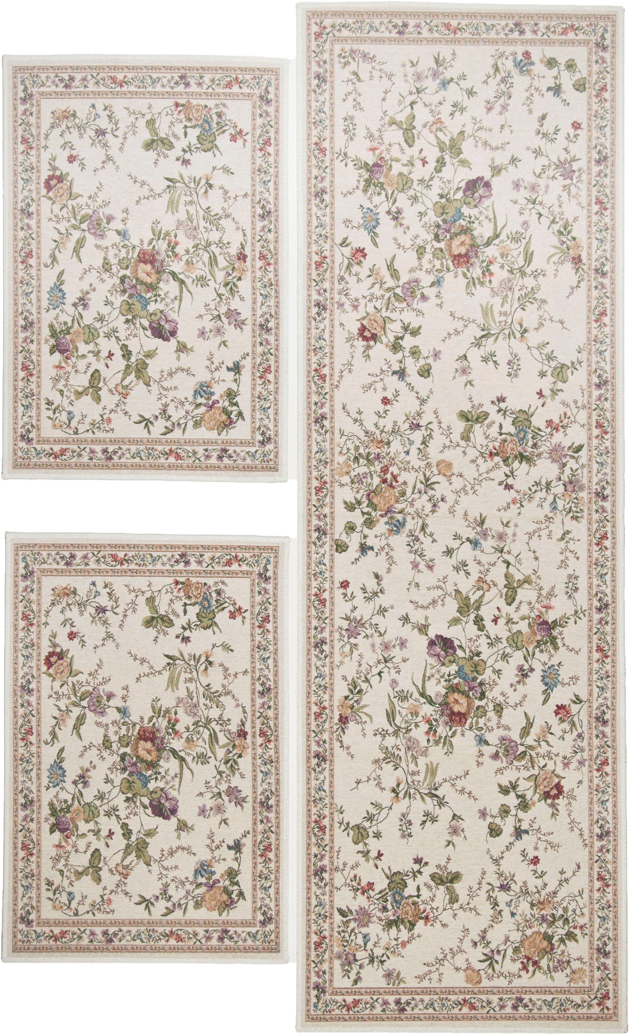 Bettumrandung Flomi Sagrini THEKO, Höhe 3 mm, (3-tlg), Läufer-Set, Flachgewebe, gewebt, Pastell-Farben, Blumen Design