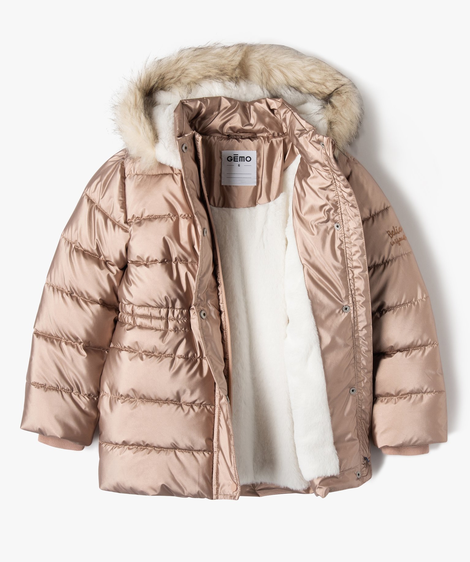 Parka matelassée à capuche avec doublure peluche fille rose | GEMO