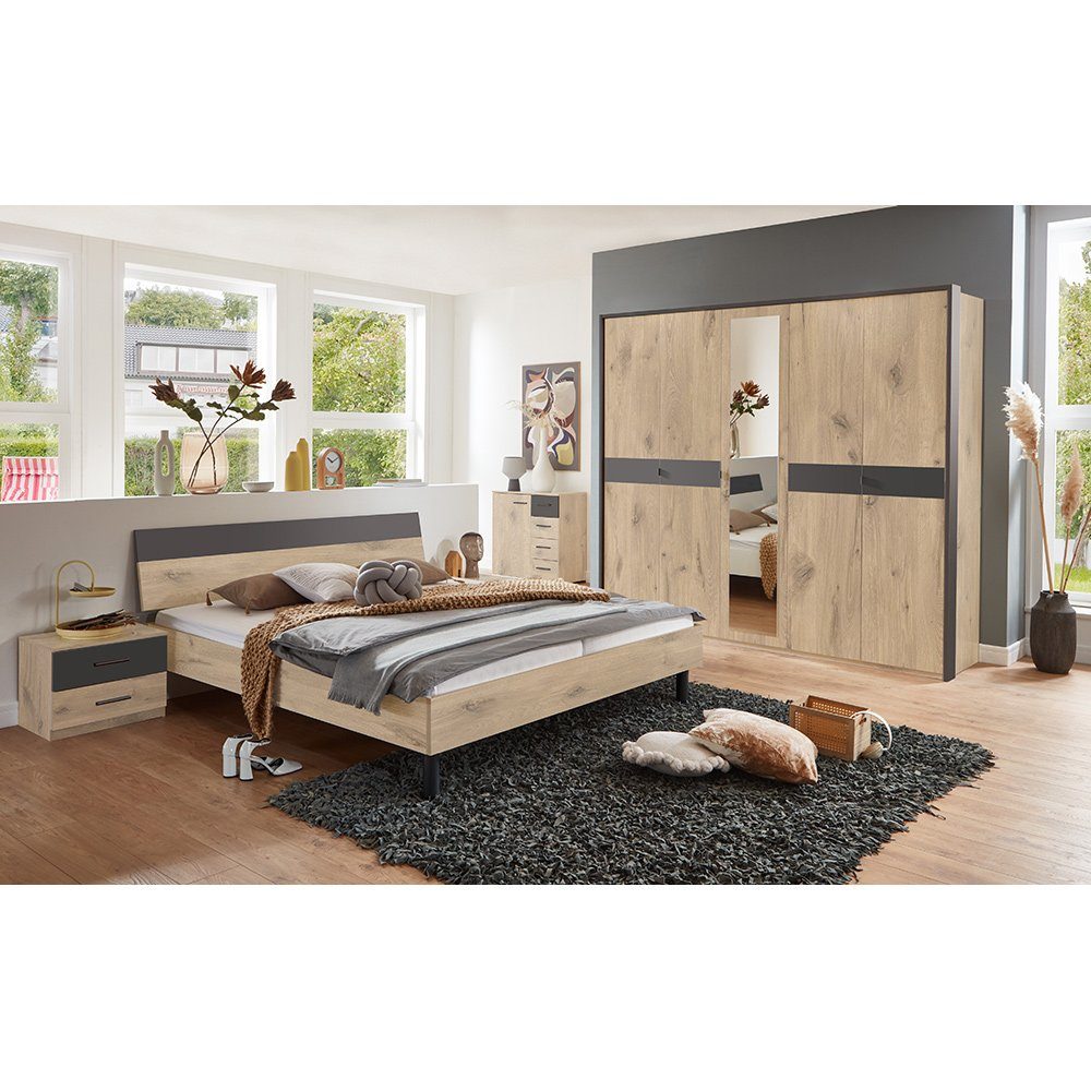 Lomadox Schlafzimmer-Set BRADFORD-43, (Spar-Set, 5-St), mit Bett 180x200 cm, Kleiderschrank 5-türig, Eiche mit graphit