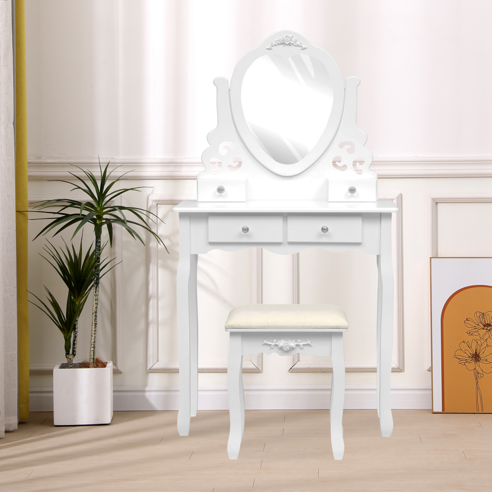 Happy Home Happy Home Schminktisch 3tlg. mit Spiegel, 4 Schubladen & Hocker HDT04-WEI weiß