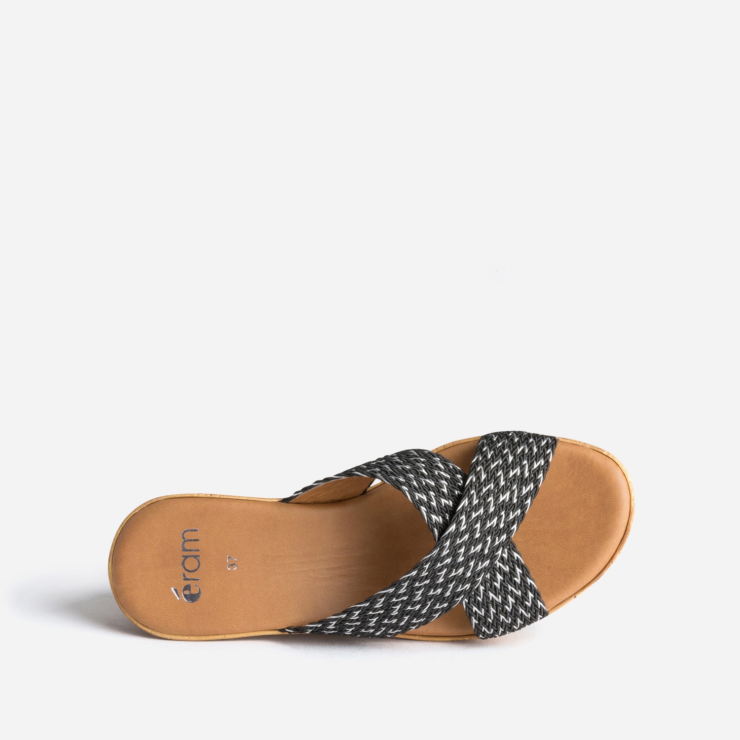 Mule compensée noire à brides tressées argent