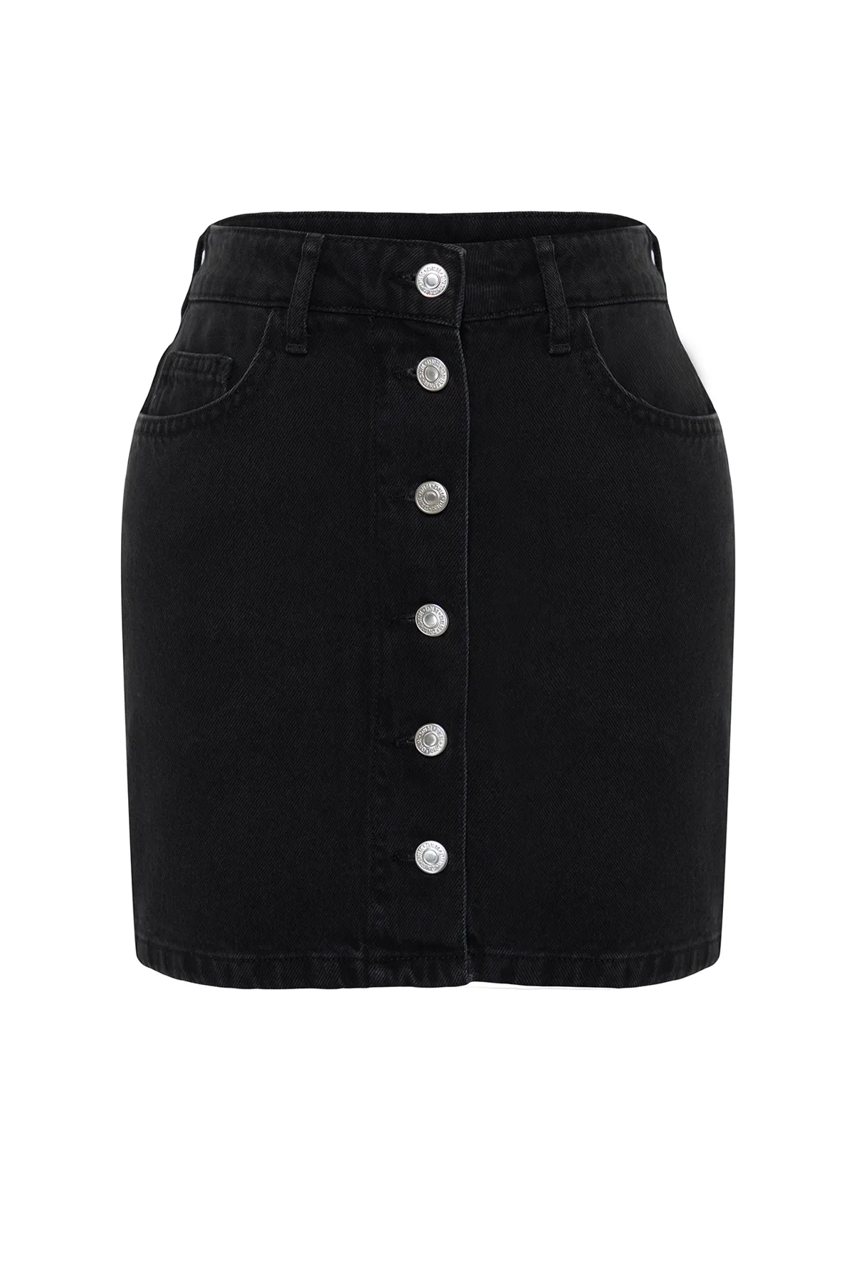 Trendyol Collection  Schwarzer, vorne geknöpfter Mini-Jeansrock mit hoher Taille TWOSS24ET00083