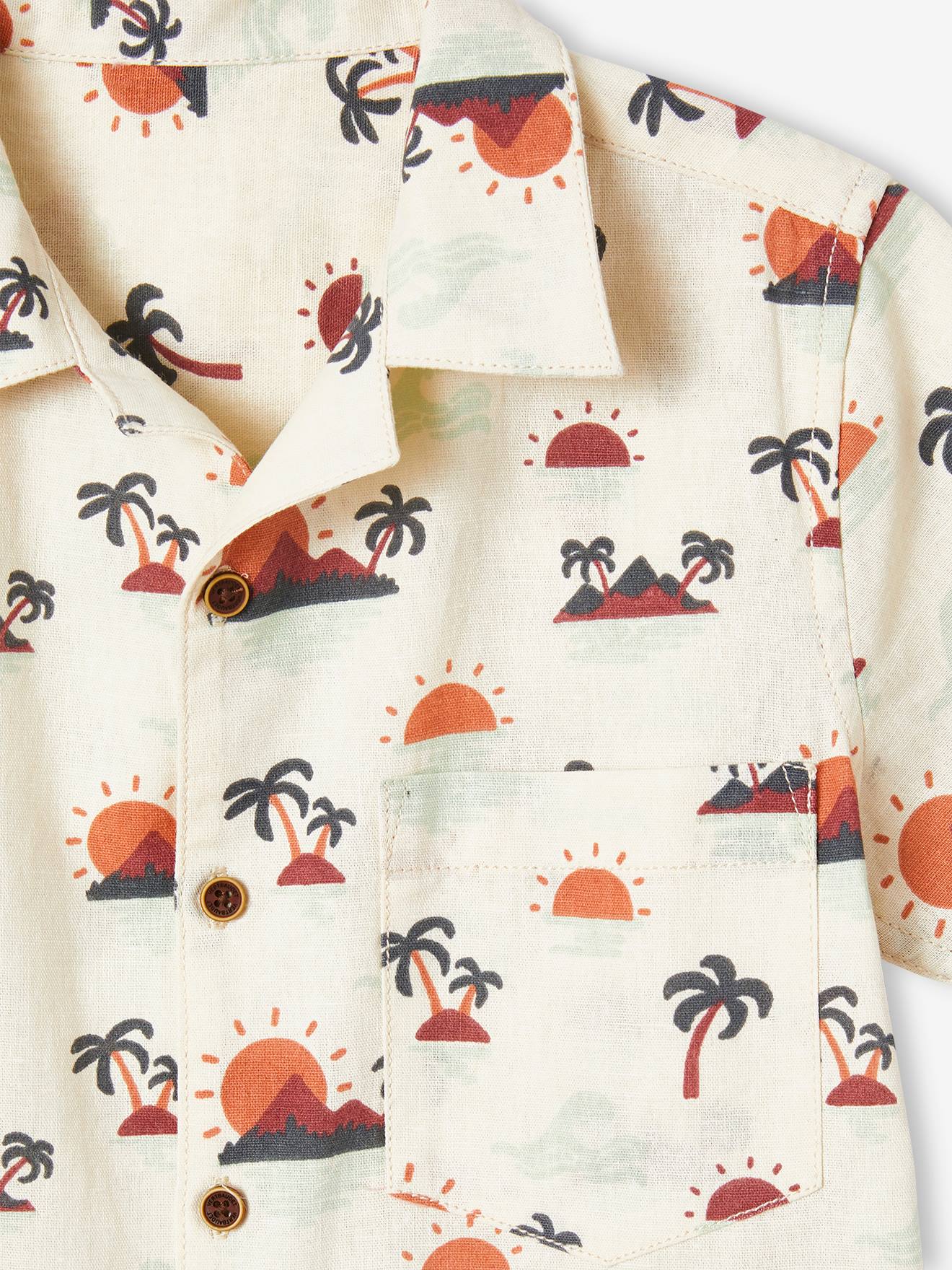 Chemise manches courtes motifs palmiers garçon avec touche de lin blanc imprimé