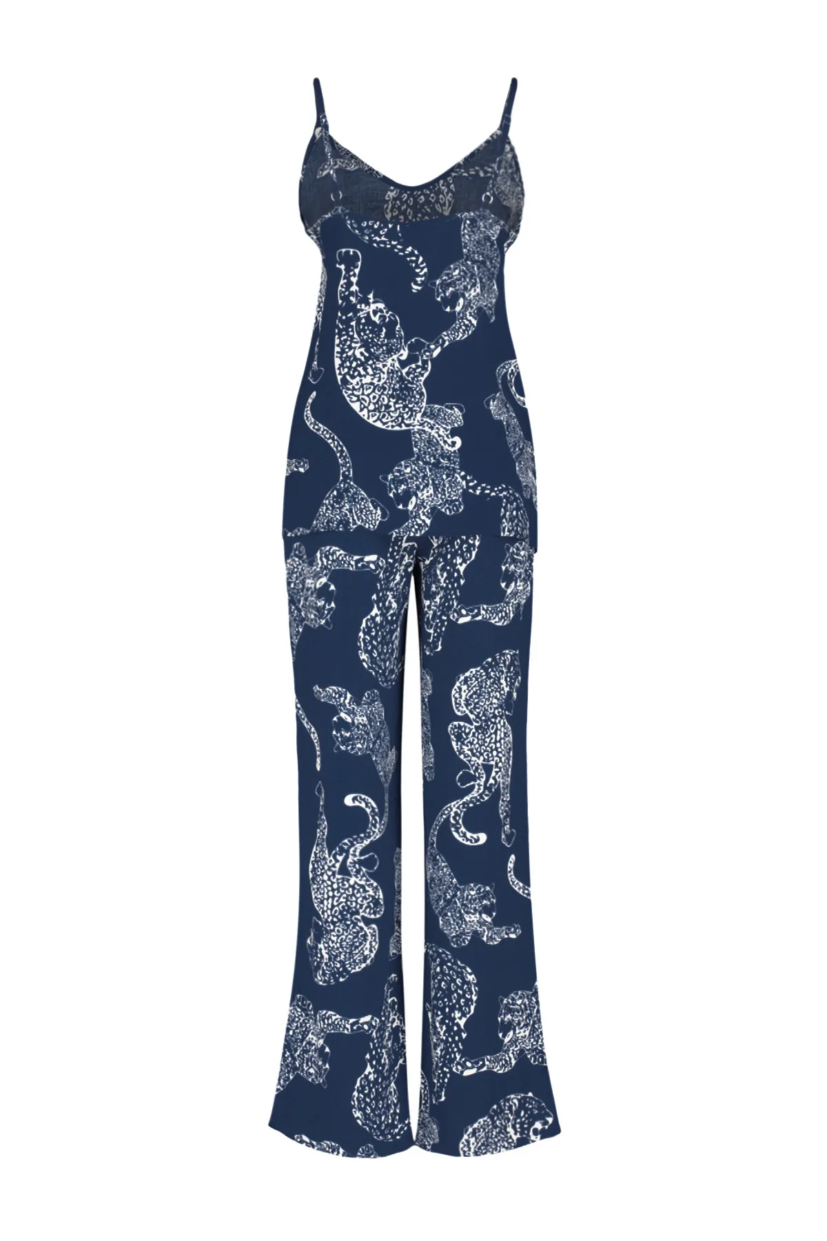 Trendyol Collection  Blaues Pyjama-Set aus Viskosegewebe mit Tiermuster und Seilträgern THMSS24PT00127