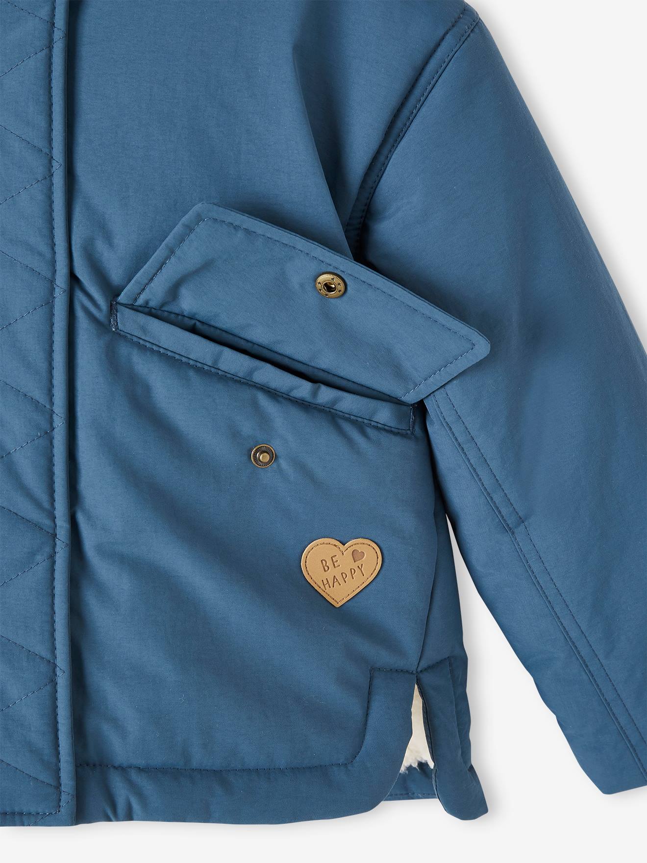 Parka à capuche courte doublée sherpa fille bleu pétrole