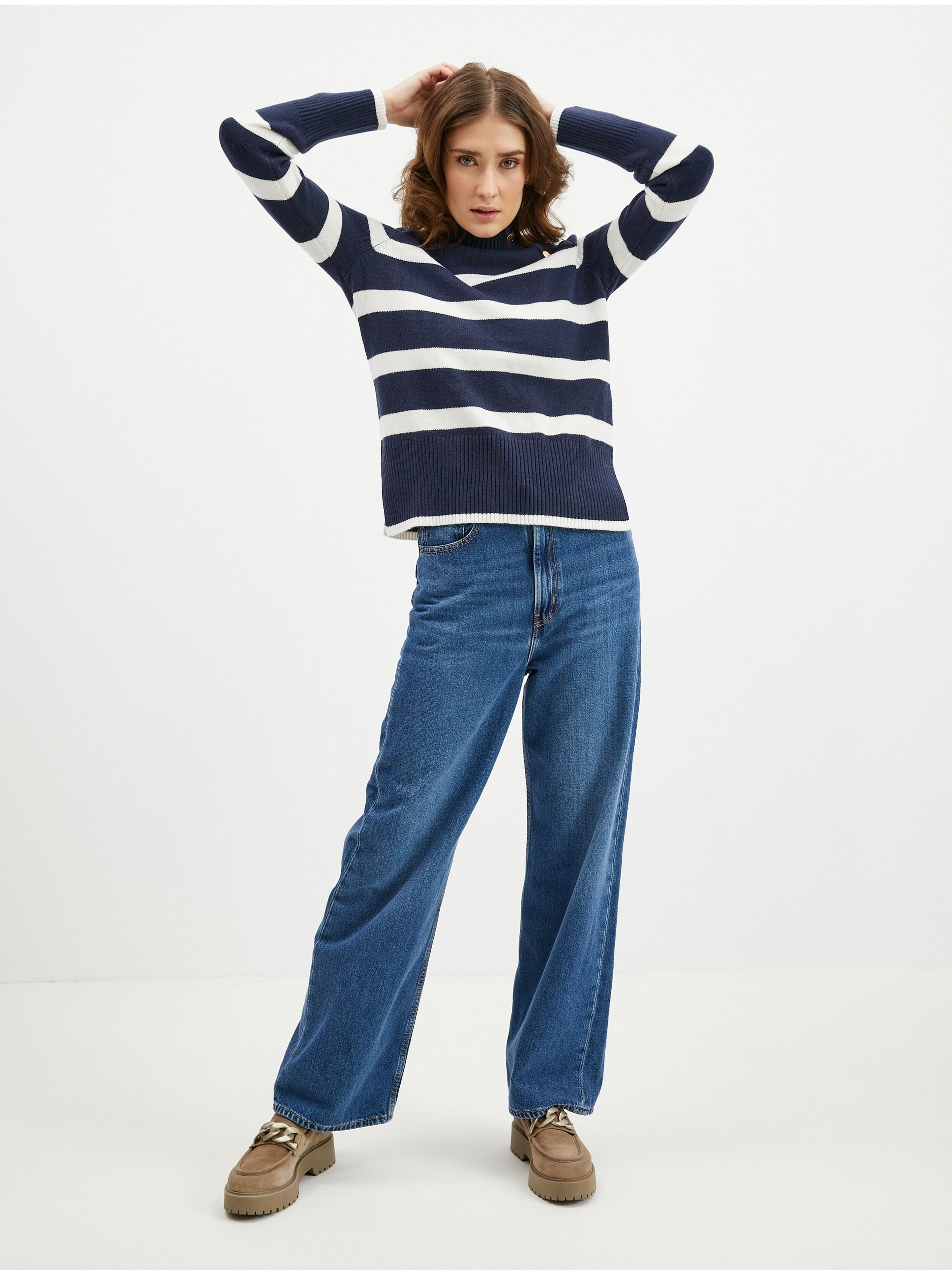 Weiß-blauer gestreifter Damen Pullover ORSAY