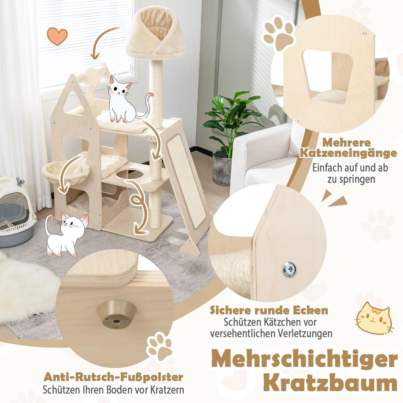 Costway Kratzbaum Holz, 155cm Katzenbaum Groß