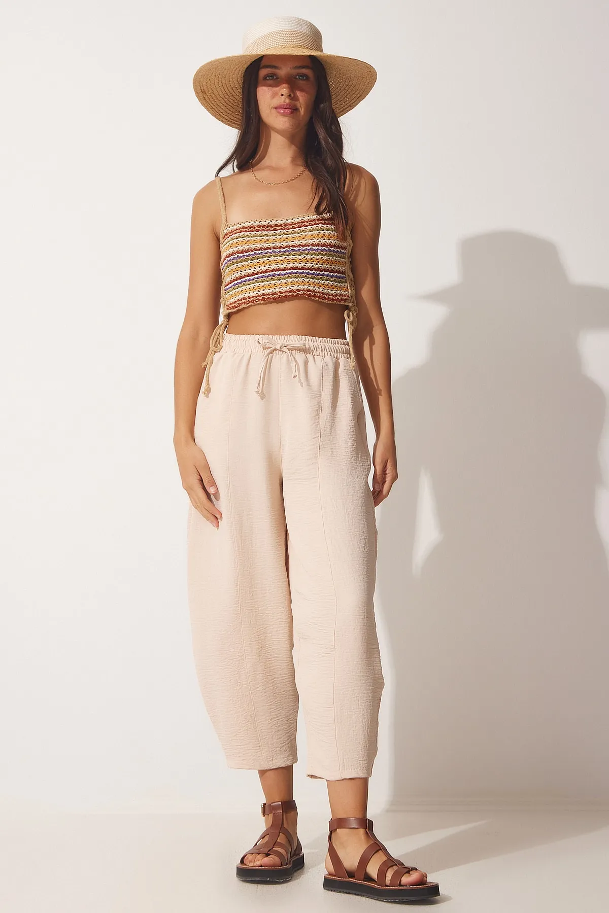 Happiness İstanbul  Shalwar-Hose aus hellcremefarbenem Leinen für Damen CI00036