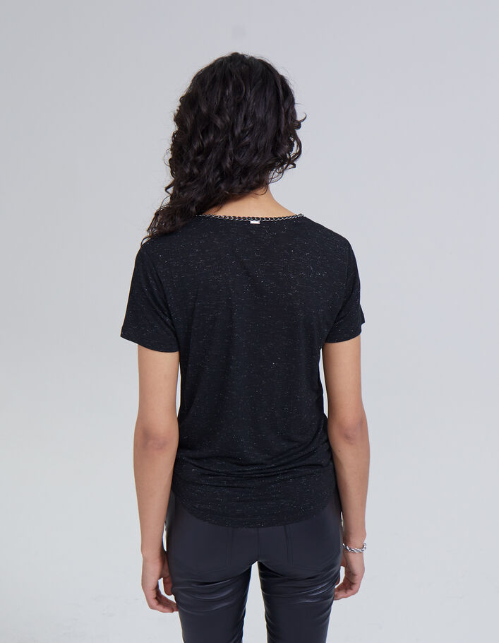 Tee-shirt noir lurex encolure V bijou Femme
