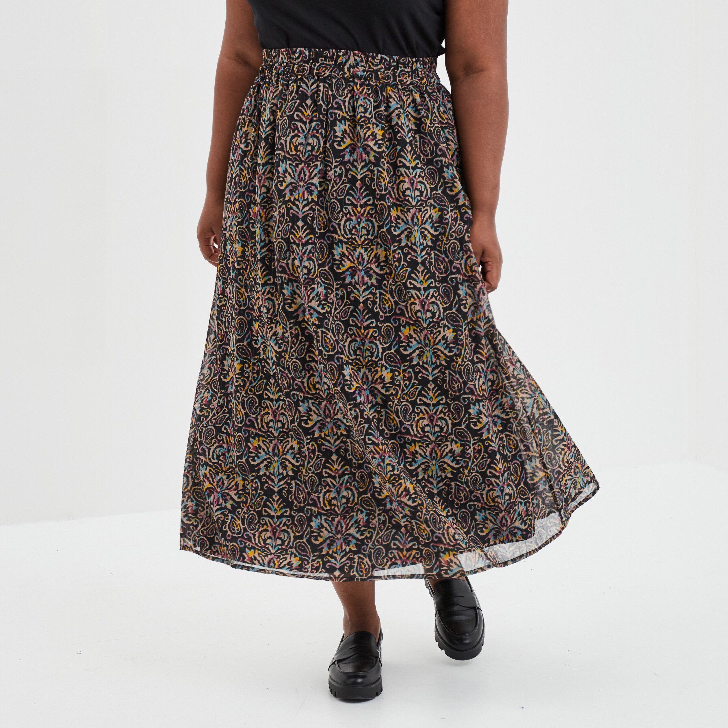 Jupe longue taille haute fils métallisés noir femme grande taille | La Halle
