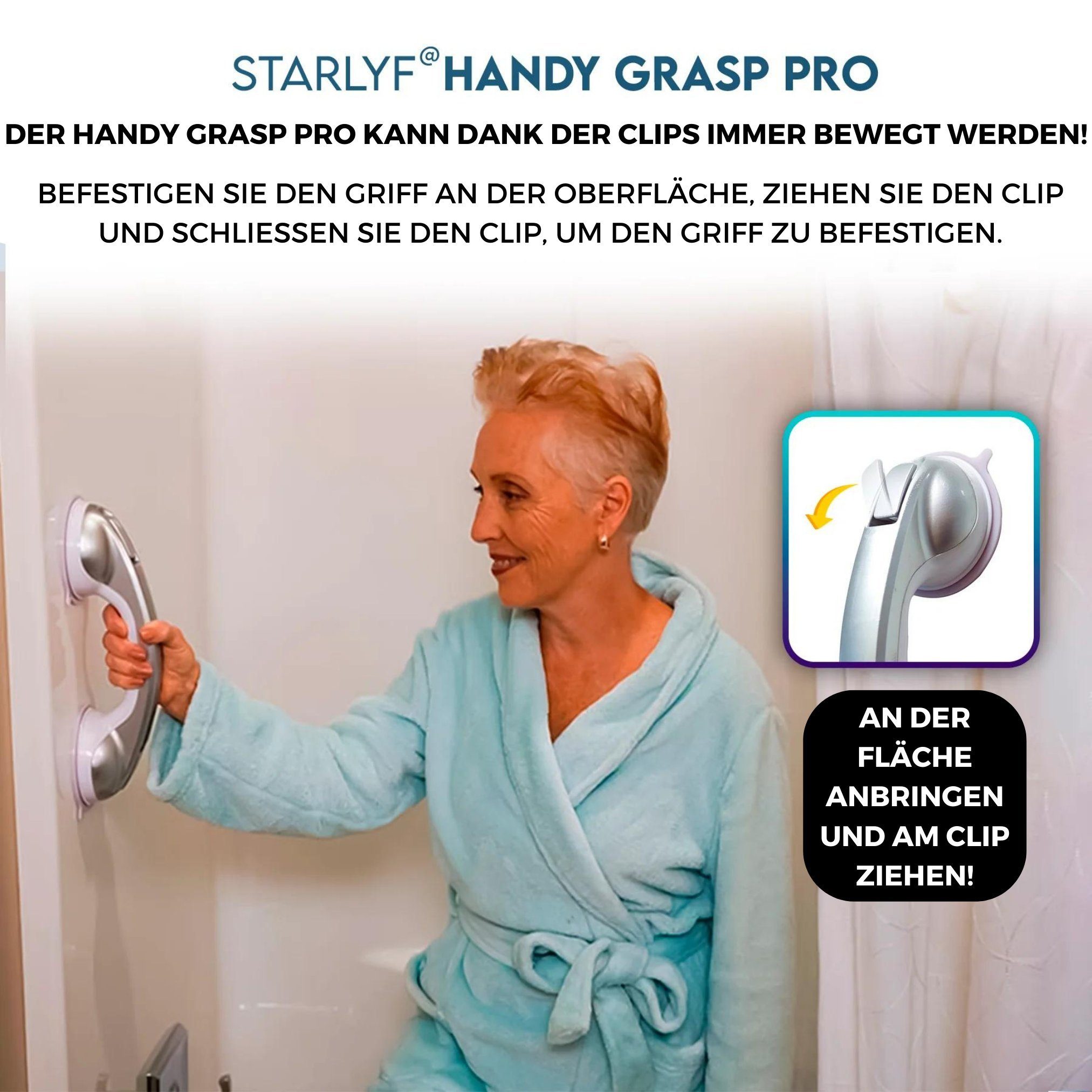 Starlyf Haltegriff Handy Grasp Pro, belastbar bis 70 kg, 30 cm Badewannengriff, ideal für die Dusche, ohne Schrauben
