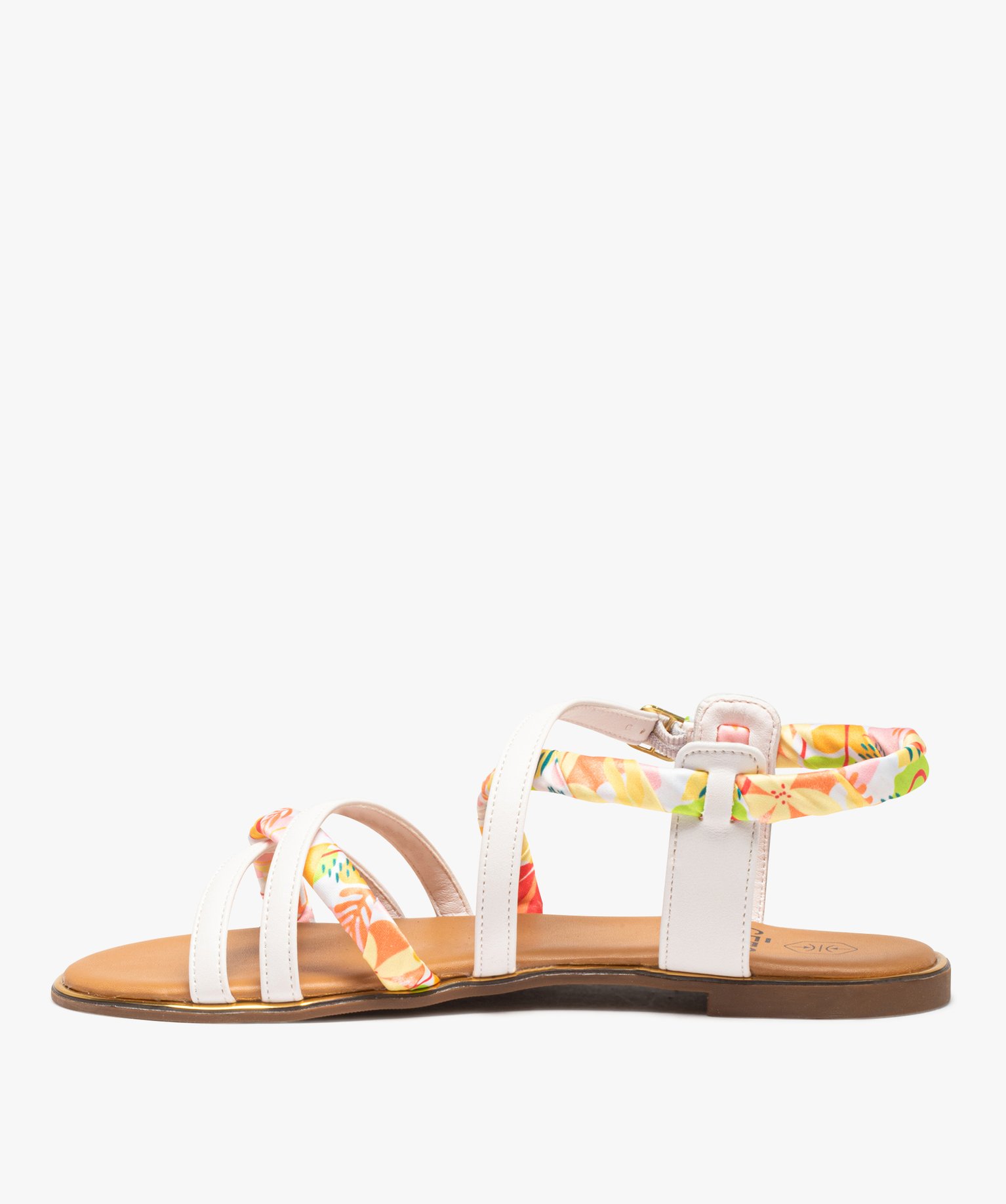 Sandales femme à talon plat et brides foulard imprimé blanc | GEMO